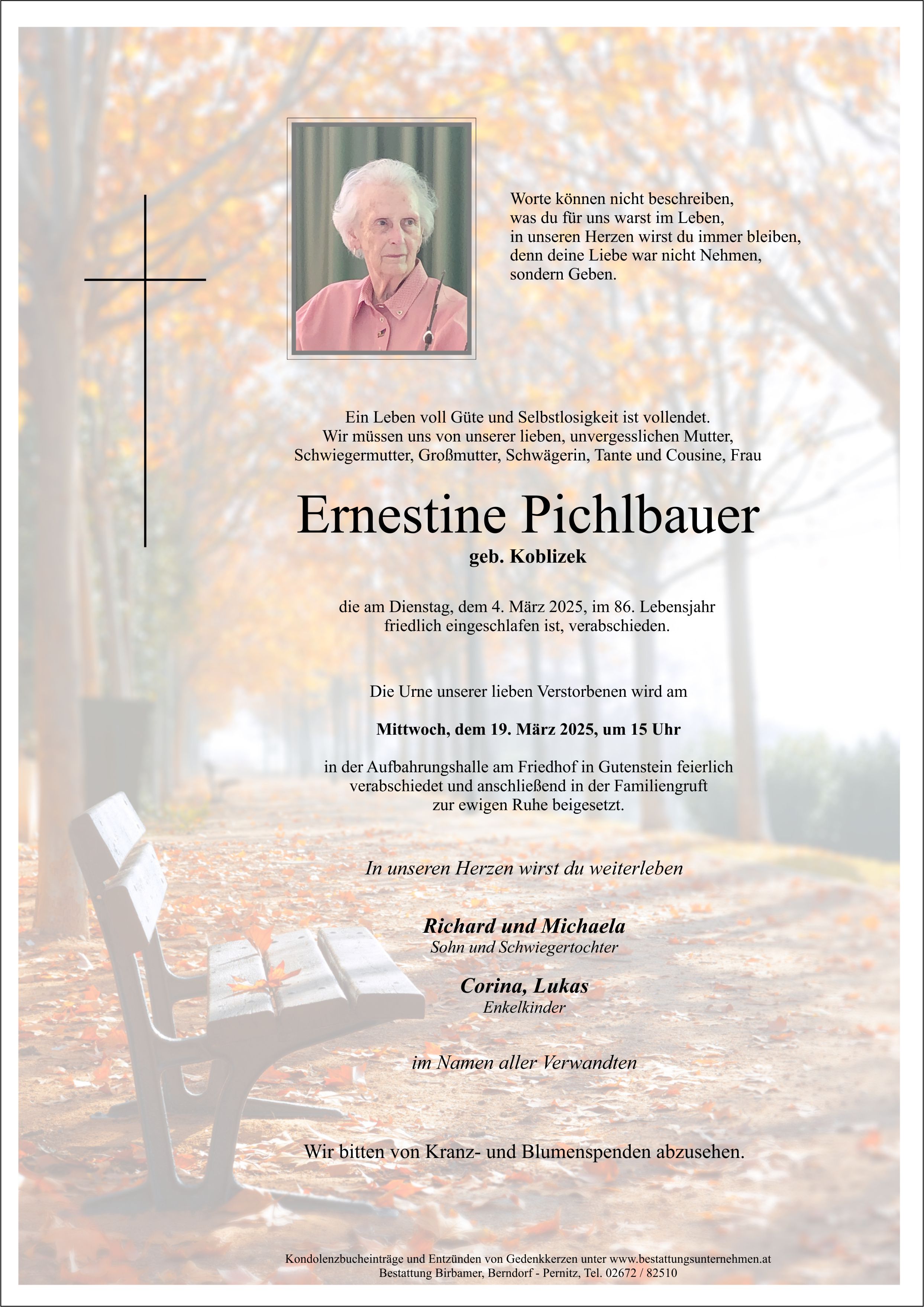 Traueranzeige von Ernestine Pichlbauer