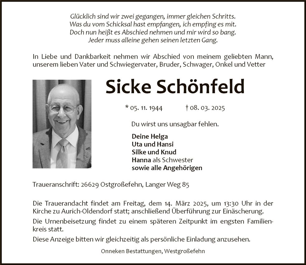 Traueranzeige von Sicke Schönfeld