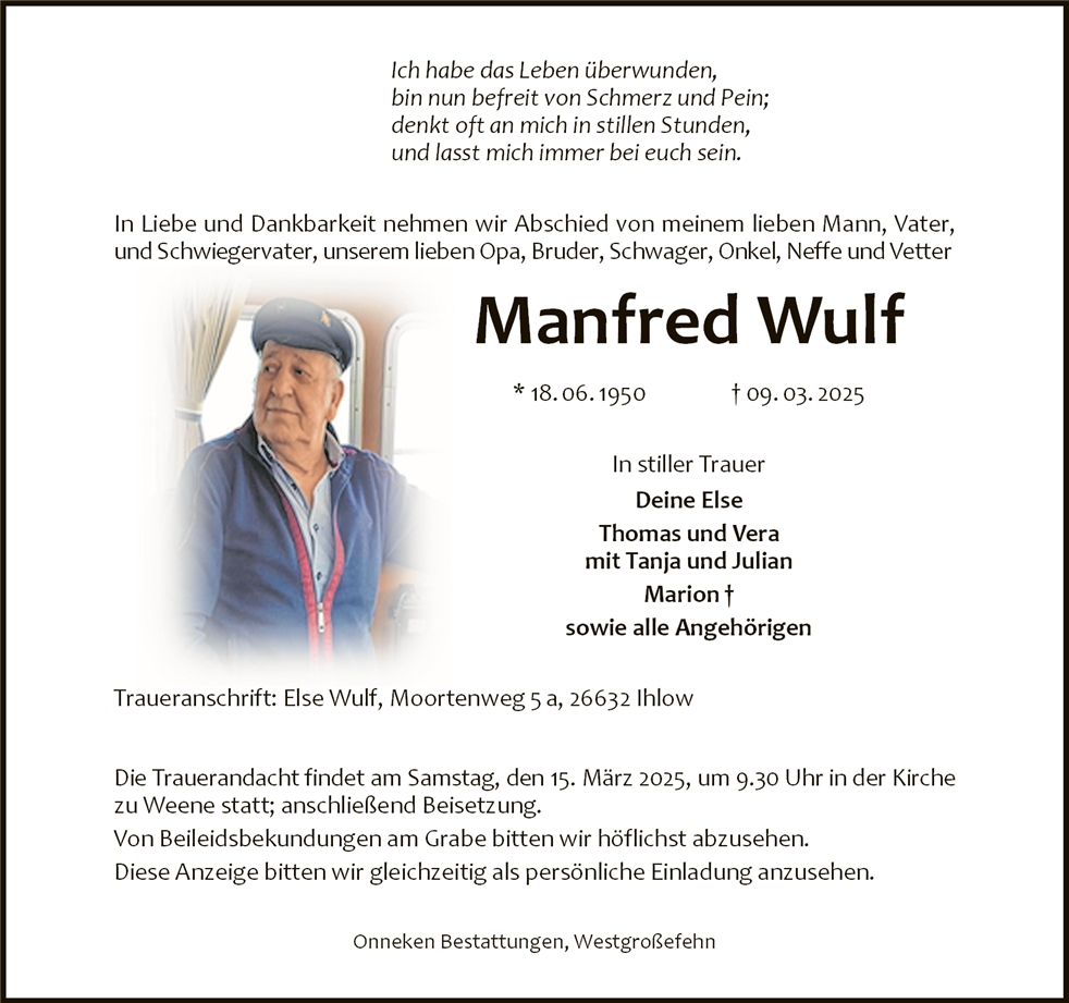 Traueranzeige von Manfred Wulf