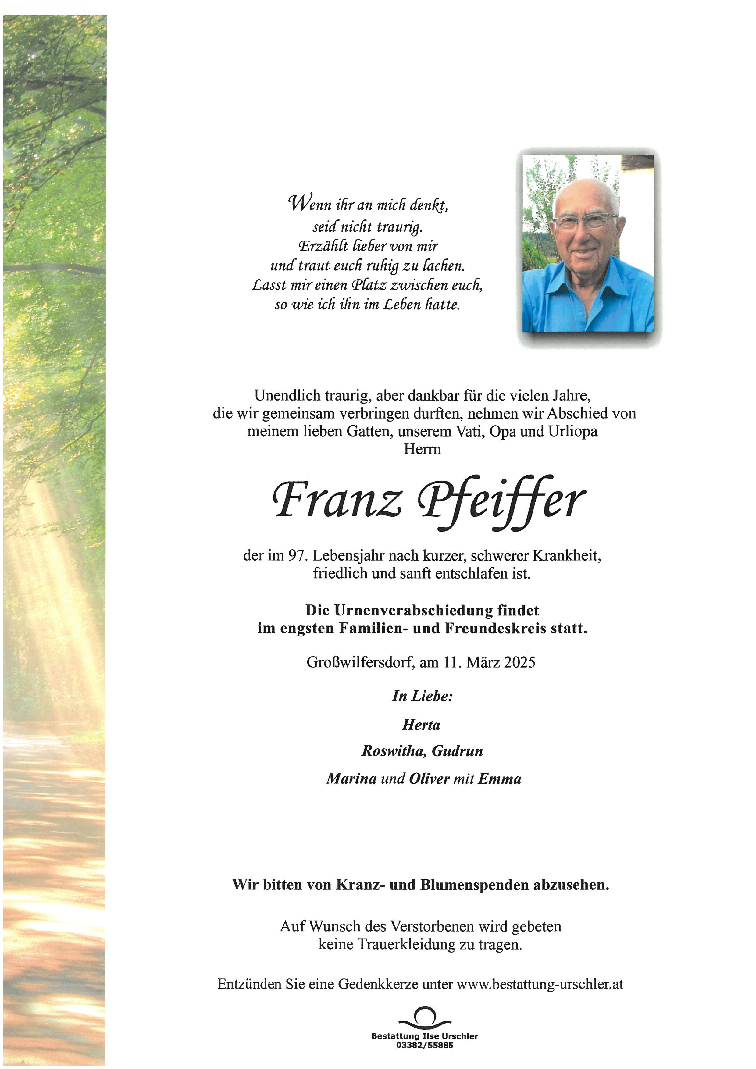 Traueranzeige von Franz Pfeiffer
