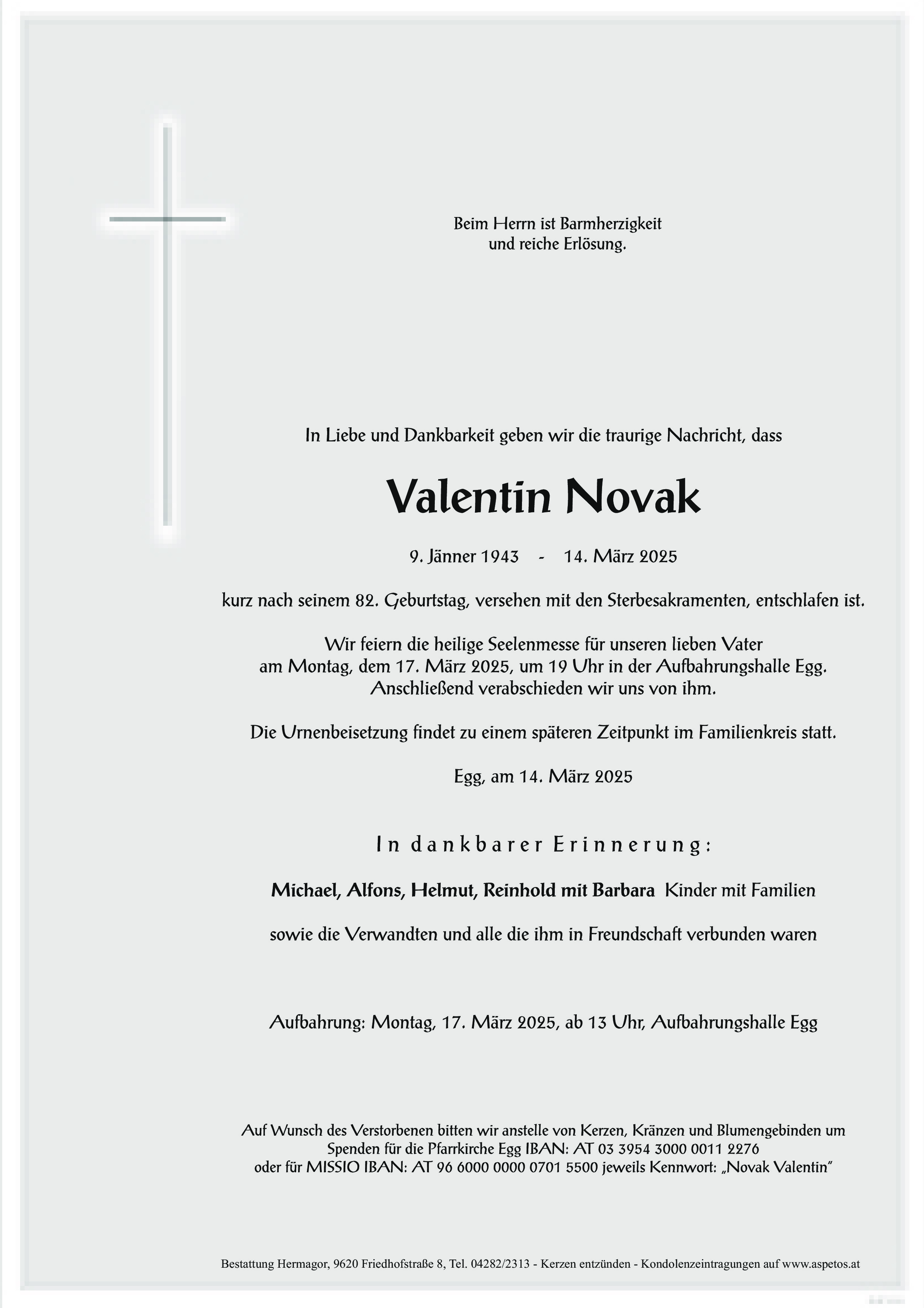 Traueranzeige von Valentin Novak