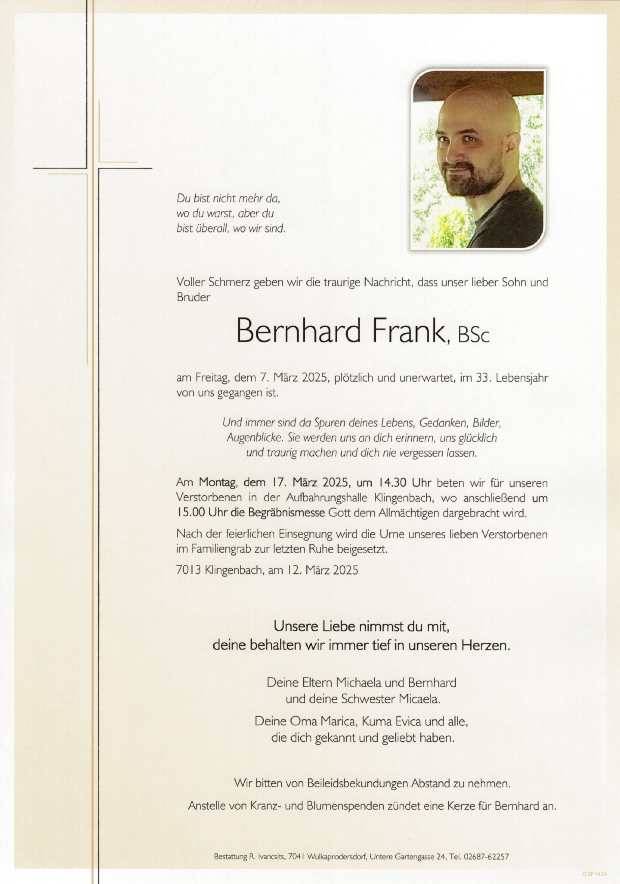 Traueranzeige von Bernhard Frank