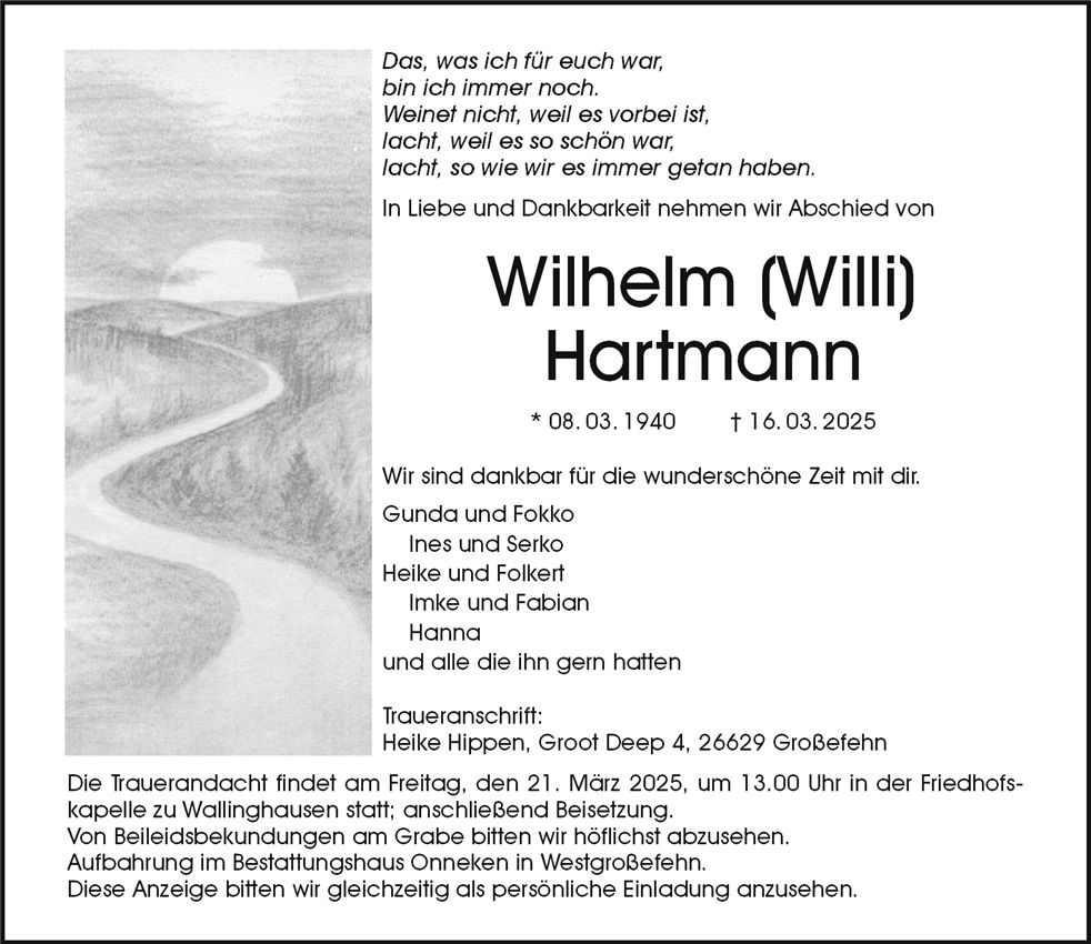Traueranzeige von Wilhelm (Willi) Hartmann
