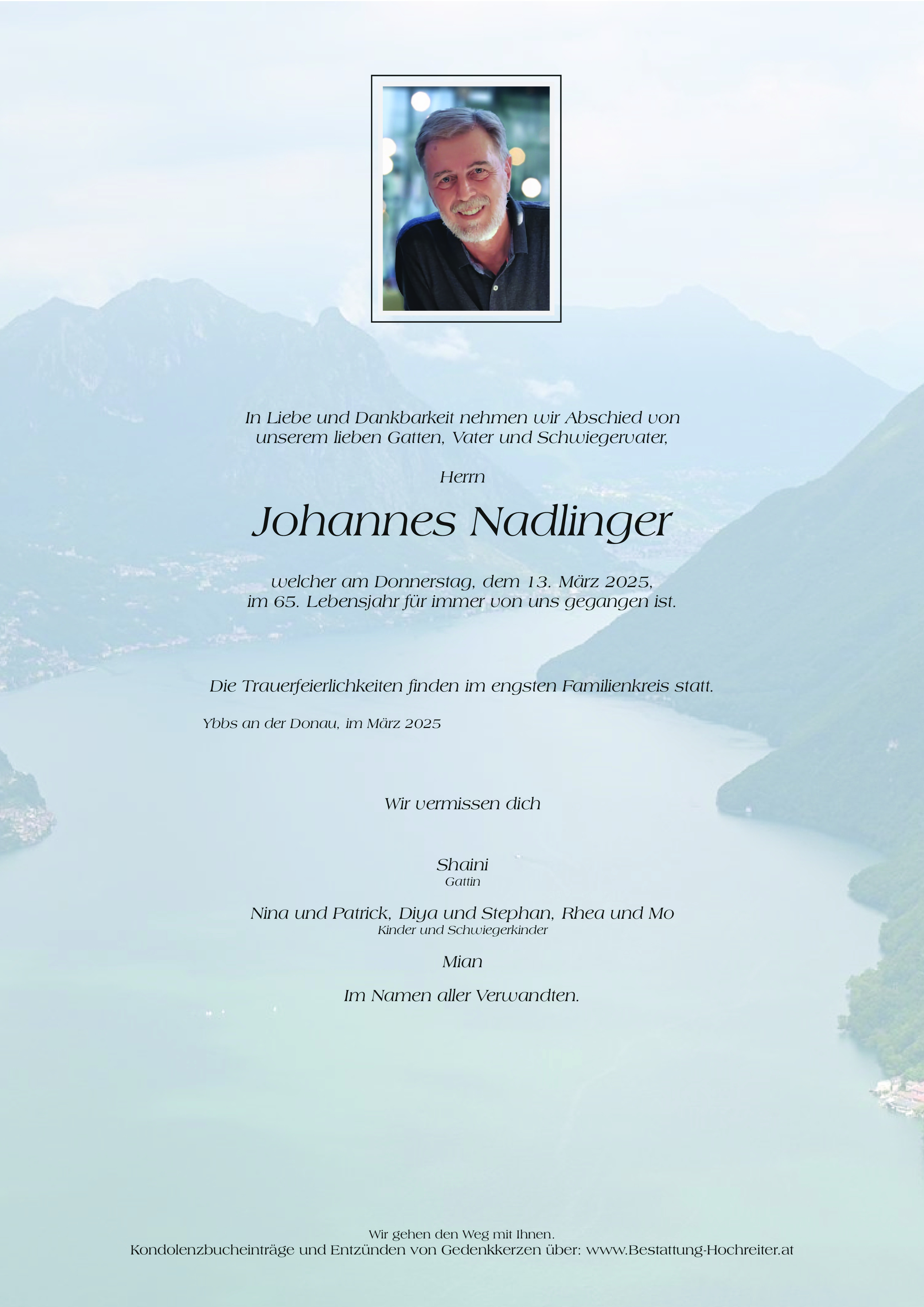 Traueranzeige von Johannes Nadlinger