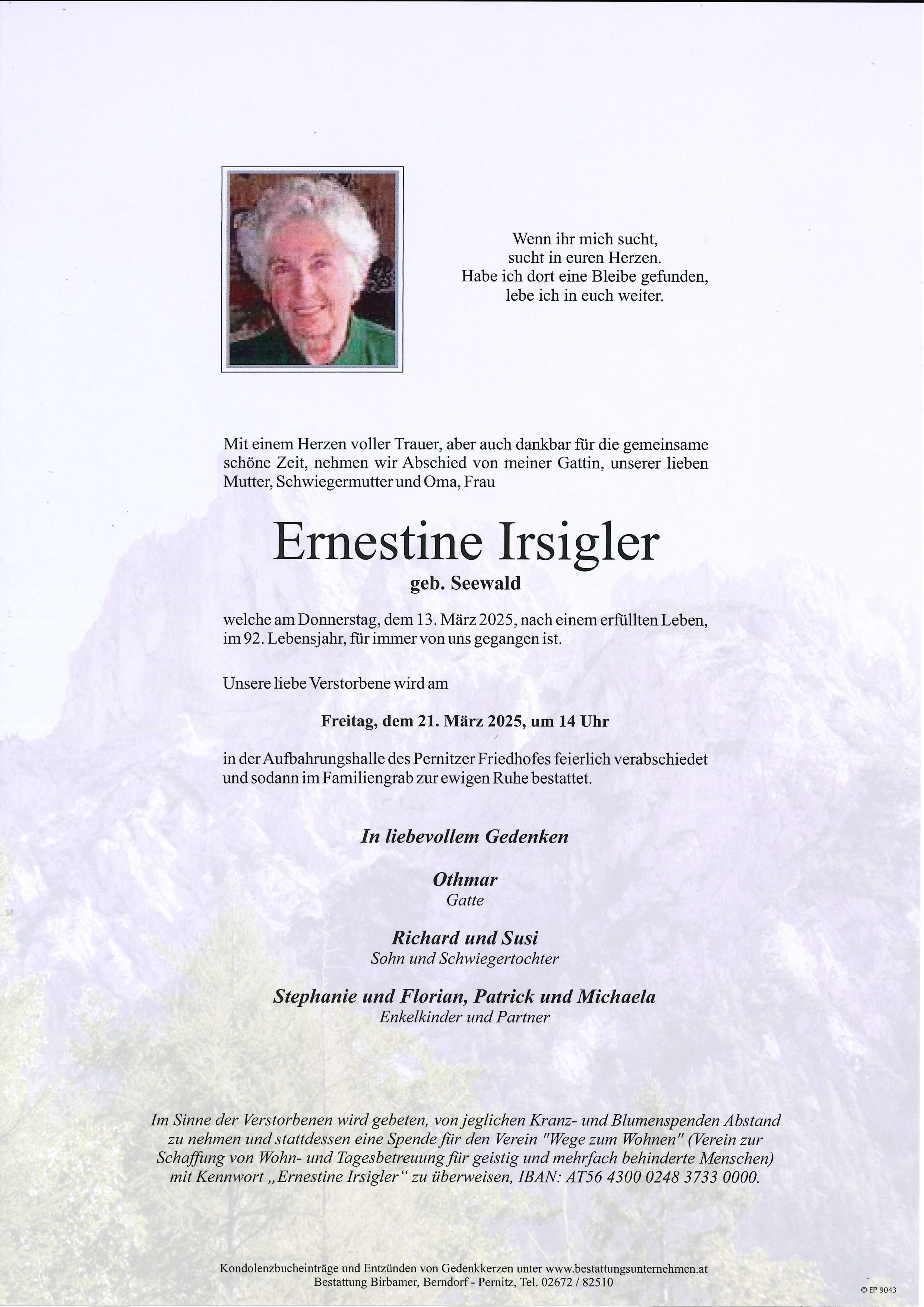 Traueranzeige von Ernestine Irsigler