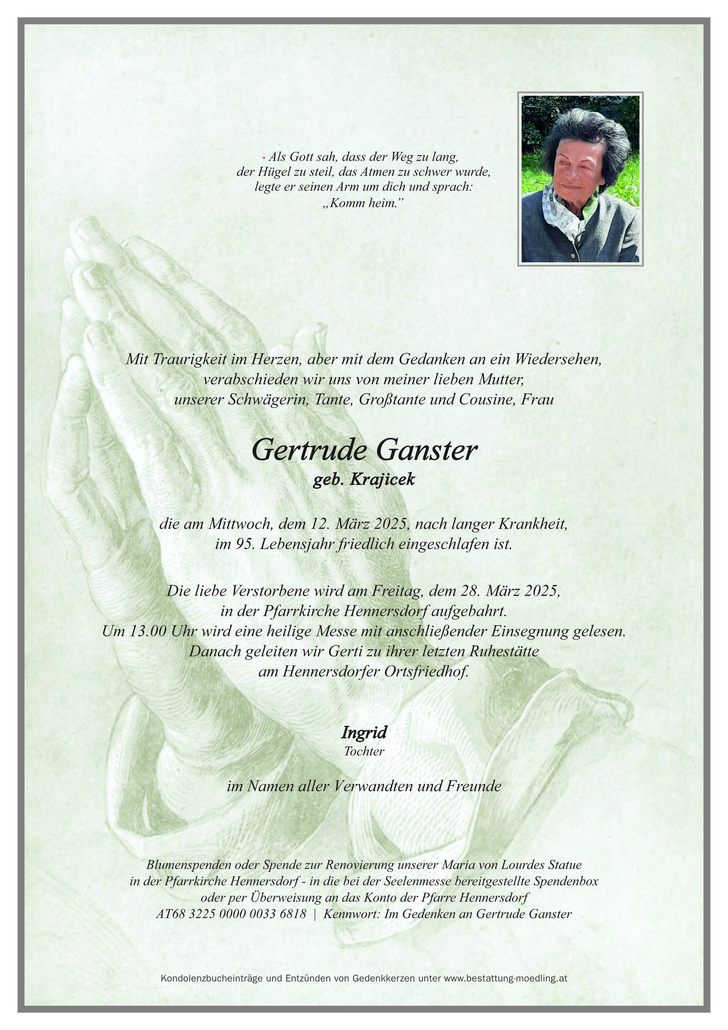 Traueranzeige von Gertrude Ganster