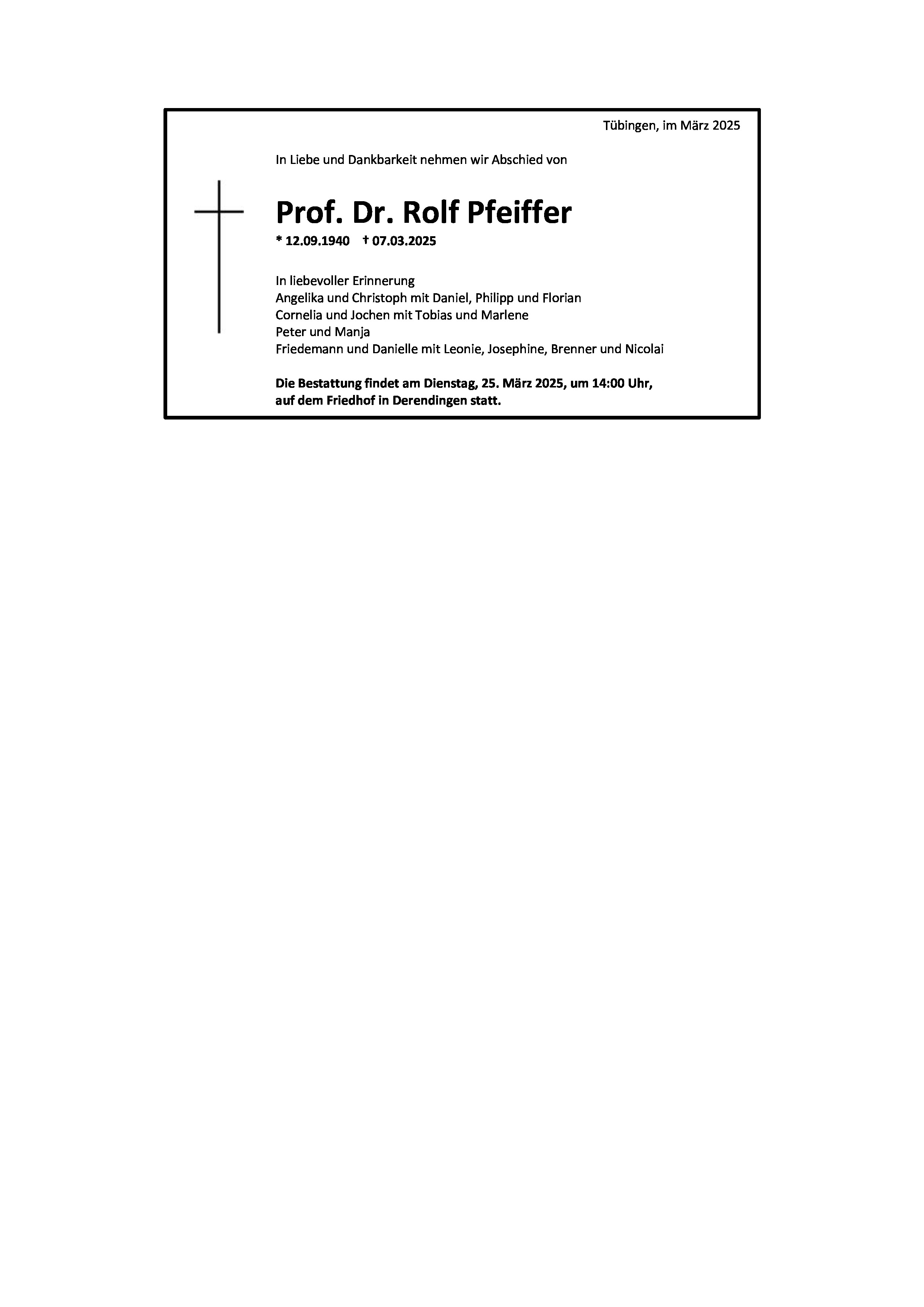Traueranzeige von Prof. Dr. Rolf Pfeiffer