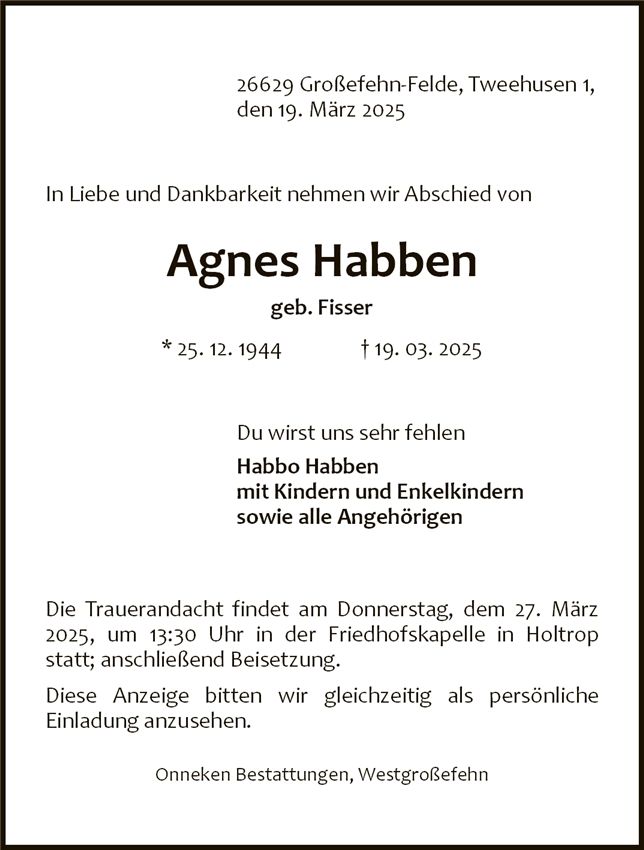 Traueranzeige von Agnes Habben