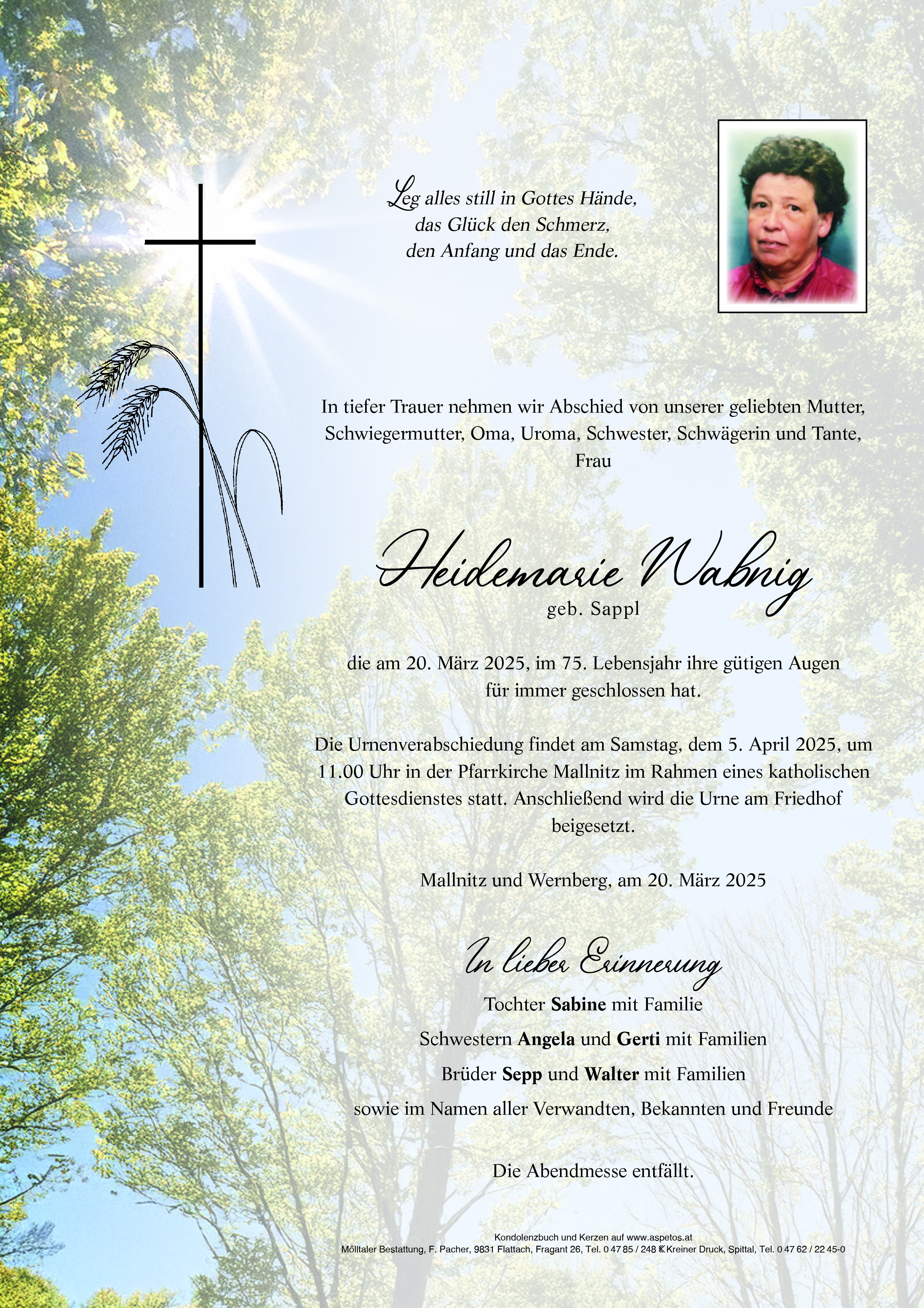Traueranzeige von Heidemarie Wabnig
