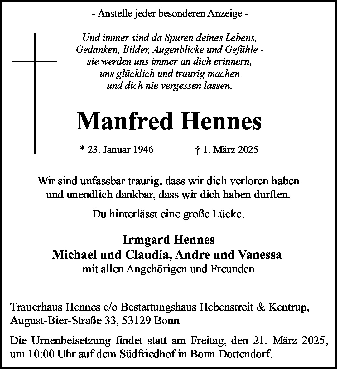 Traueranzeige von Manfred Hennes