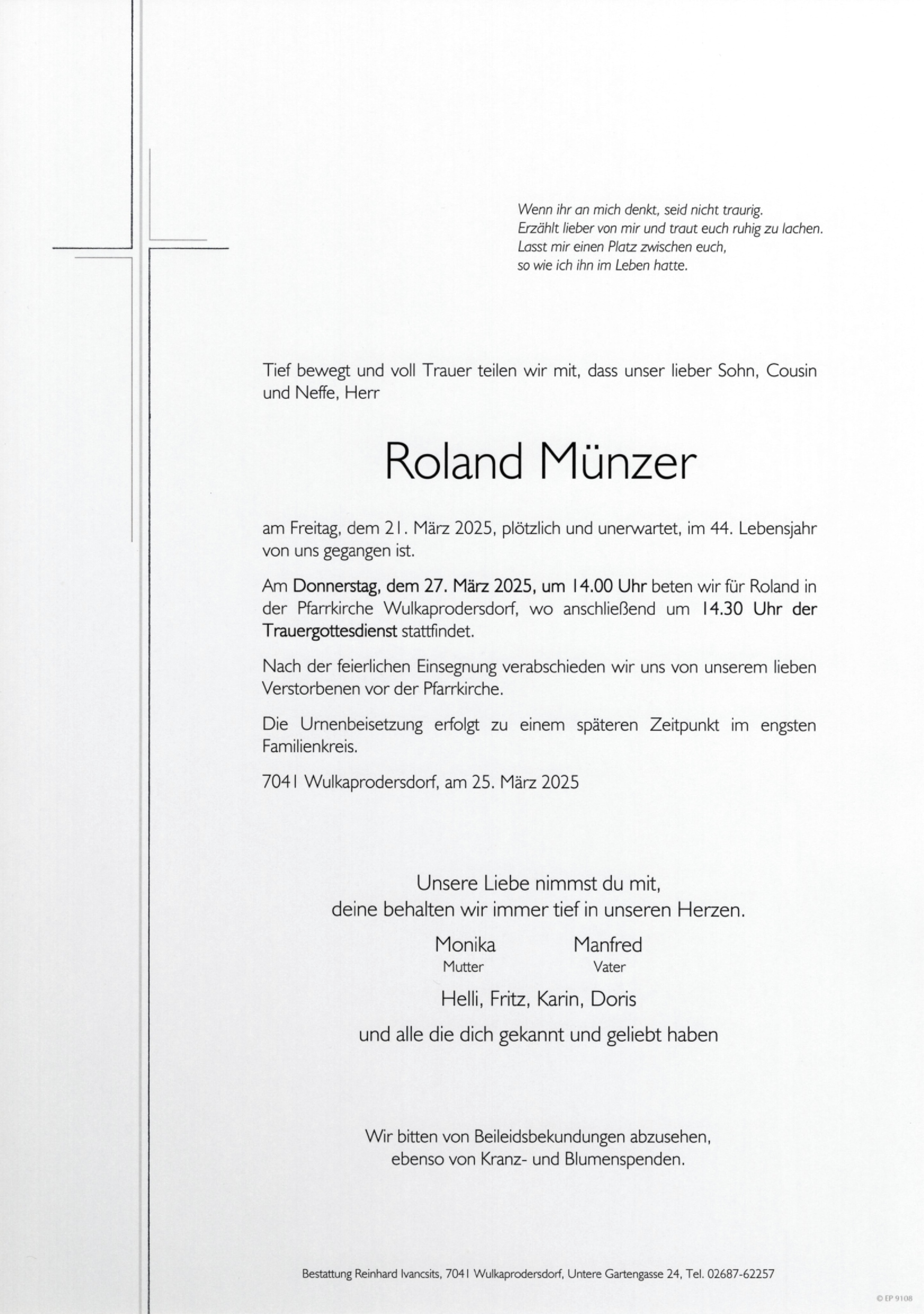 Traueranzeige von Roland Münzer
