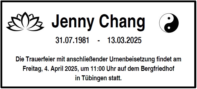Traueranzeige von Jenny Chang
