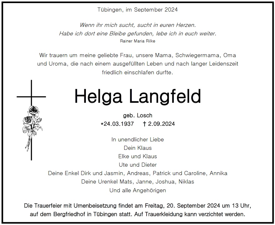 Traueranzeige von Helga Langfeld
