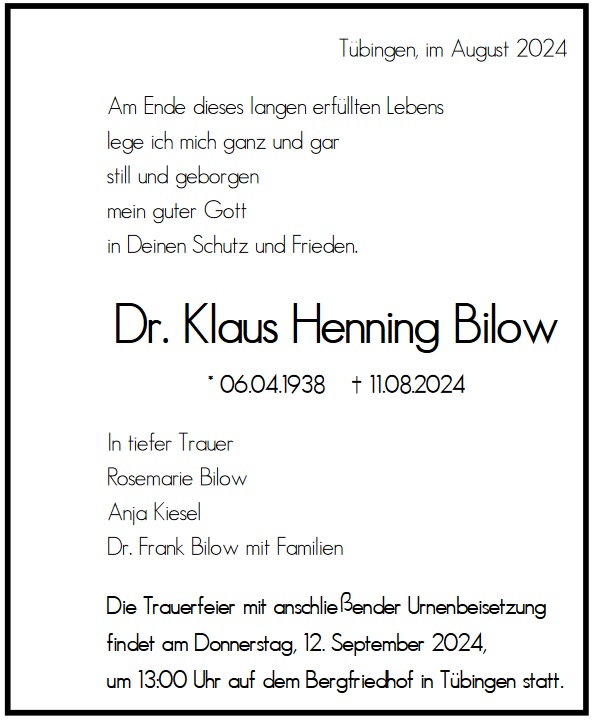 Traueranzeige von Dr. Klaus Henning Bilow