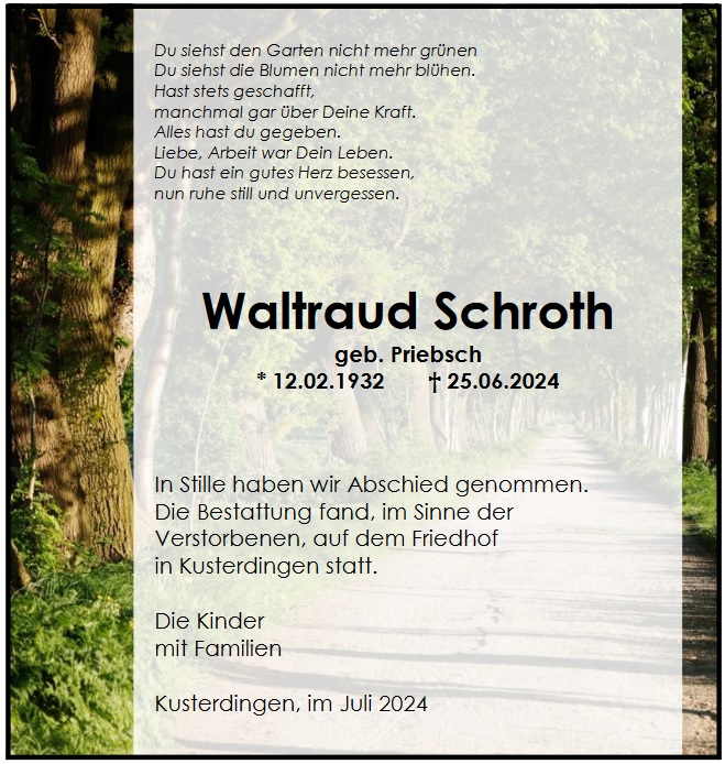 Traueranzeige von Waltraud Schroth