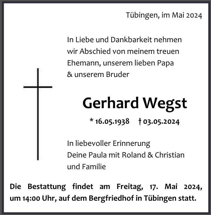 Traueranzeige von Gerhard Wegst
