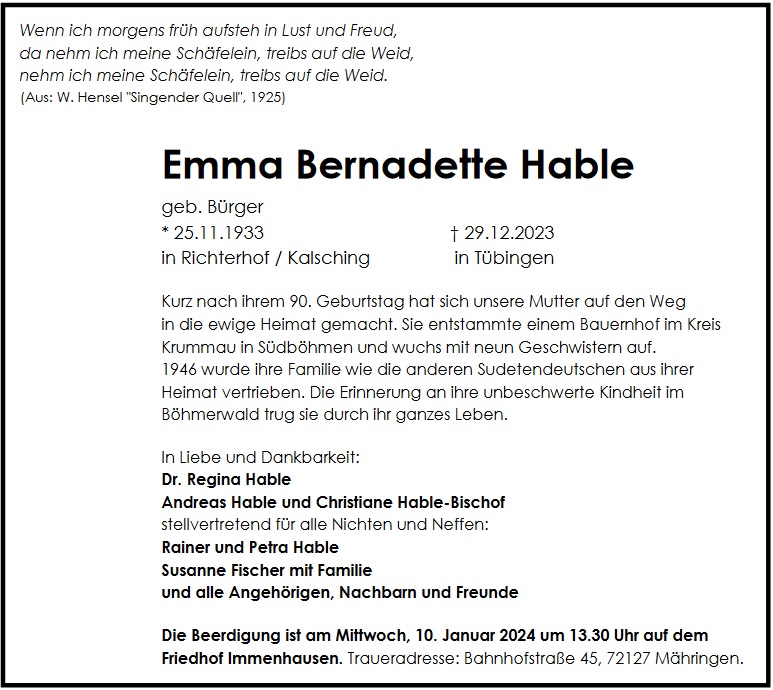 Traueranzeige von Emma Bernadette Hable