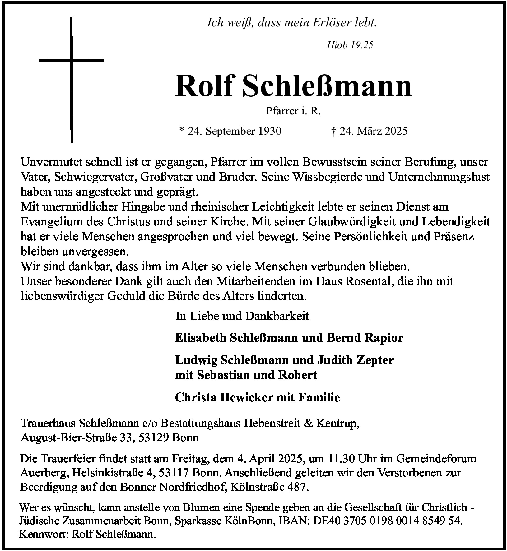 Traueranzeige von Pfarrer i.R. Rolf Schleßmann