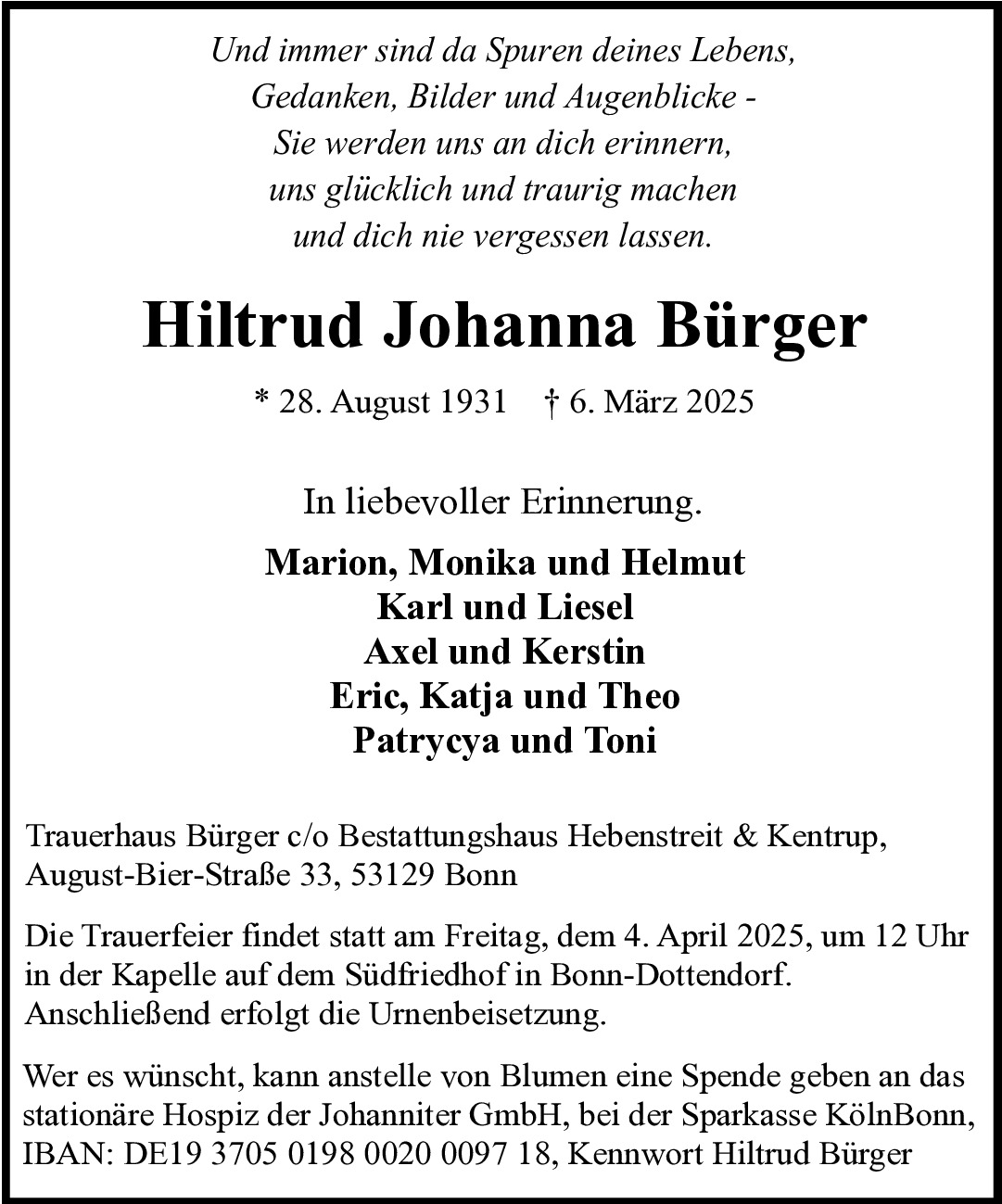 Traueranzeige von Hiltrud Bürger