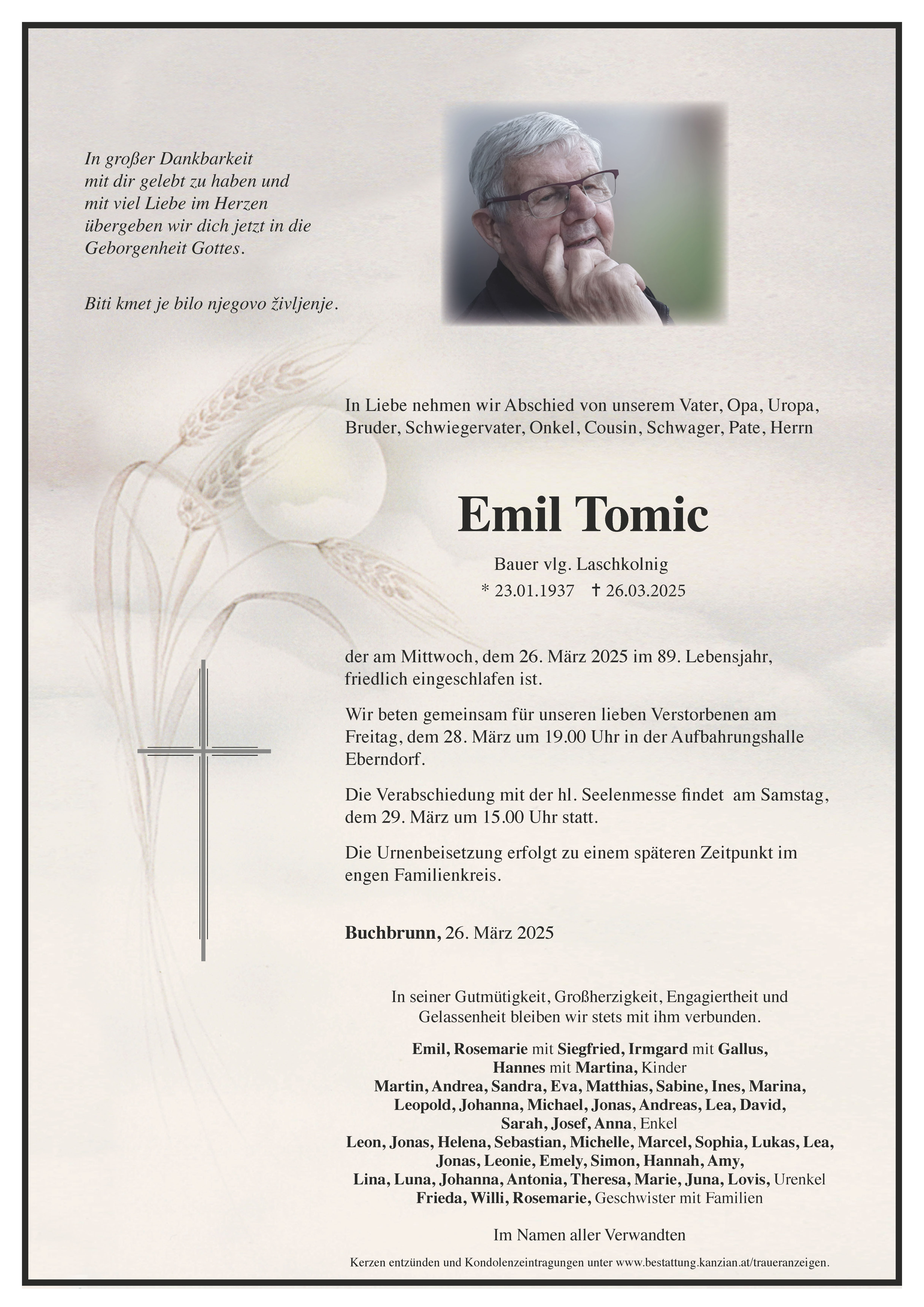 Traueranzeige von Emil Tomic