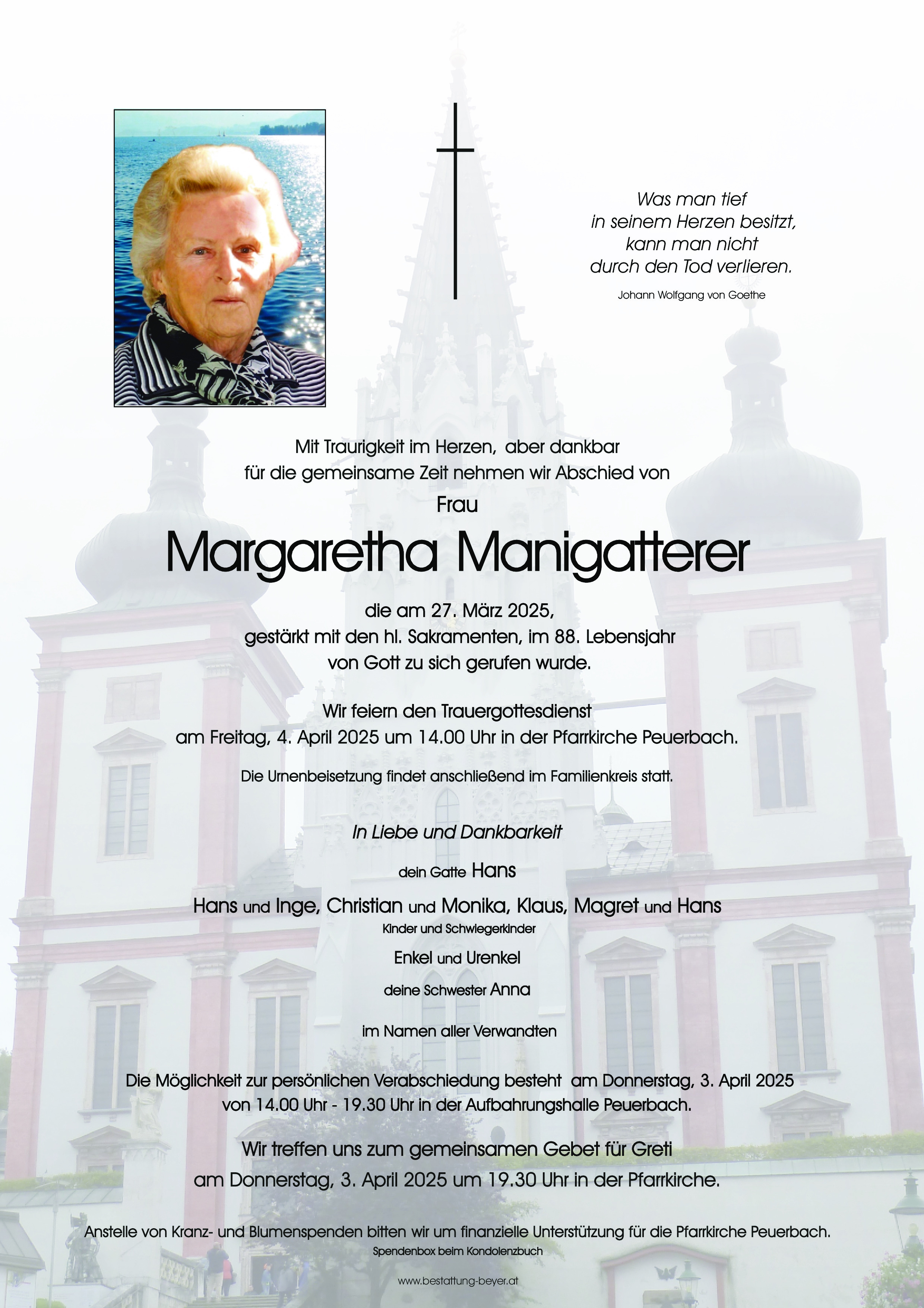 Traueranzeige von Margaretha Manigatterer