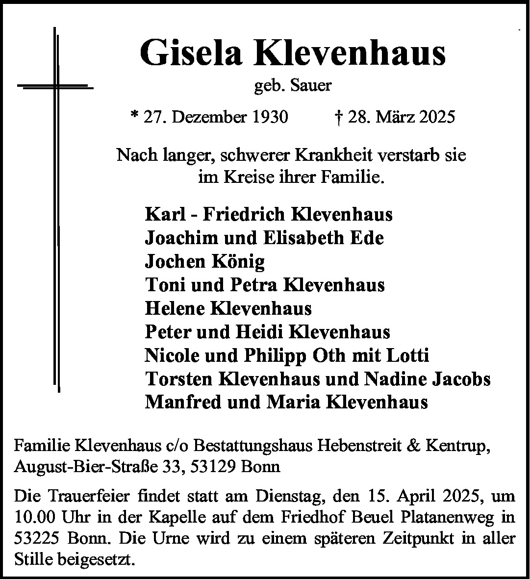 Traueranzeige von Gisela Klevenhaus
