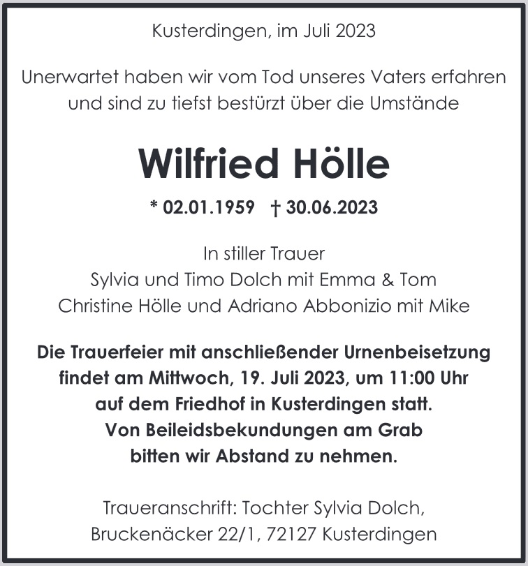 Traueranzeige von Wilfried Hölle