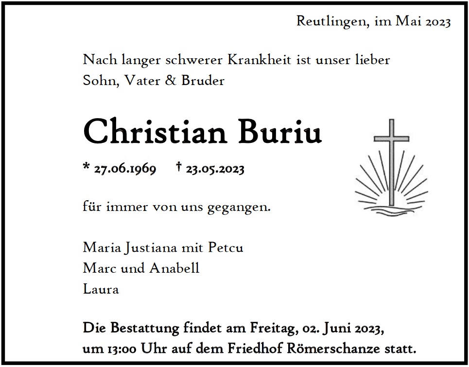 Traueranzeige von Christian Buriu
