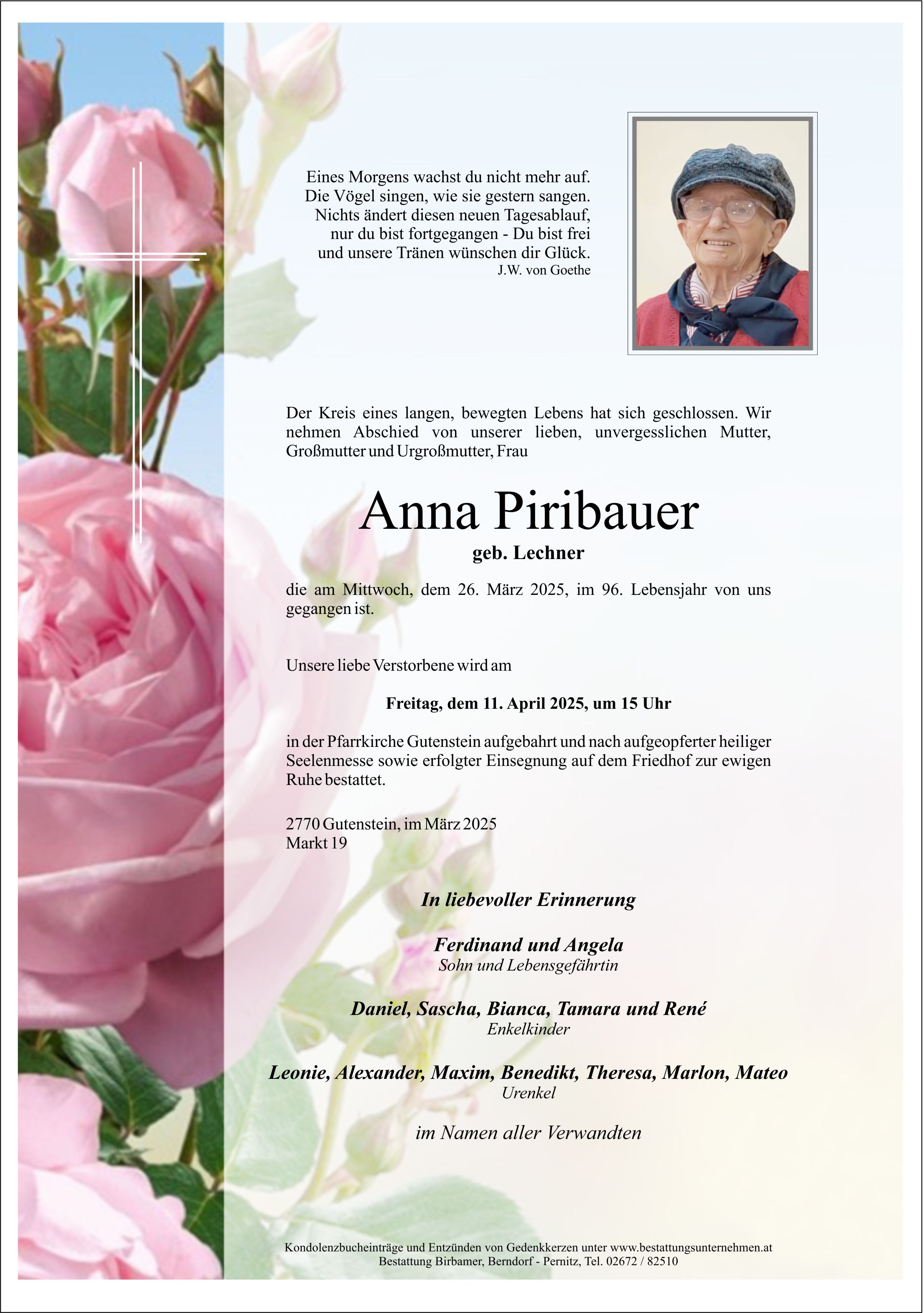 Traueranzeige von Anna Piribauer
