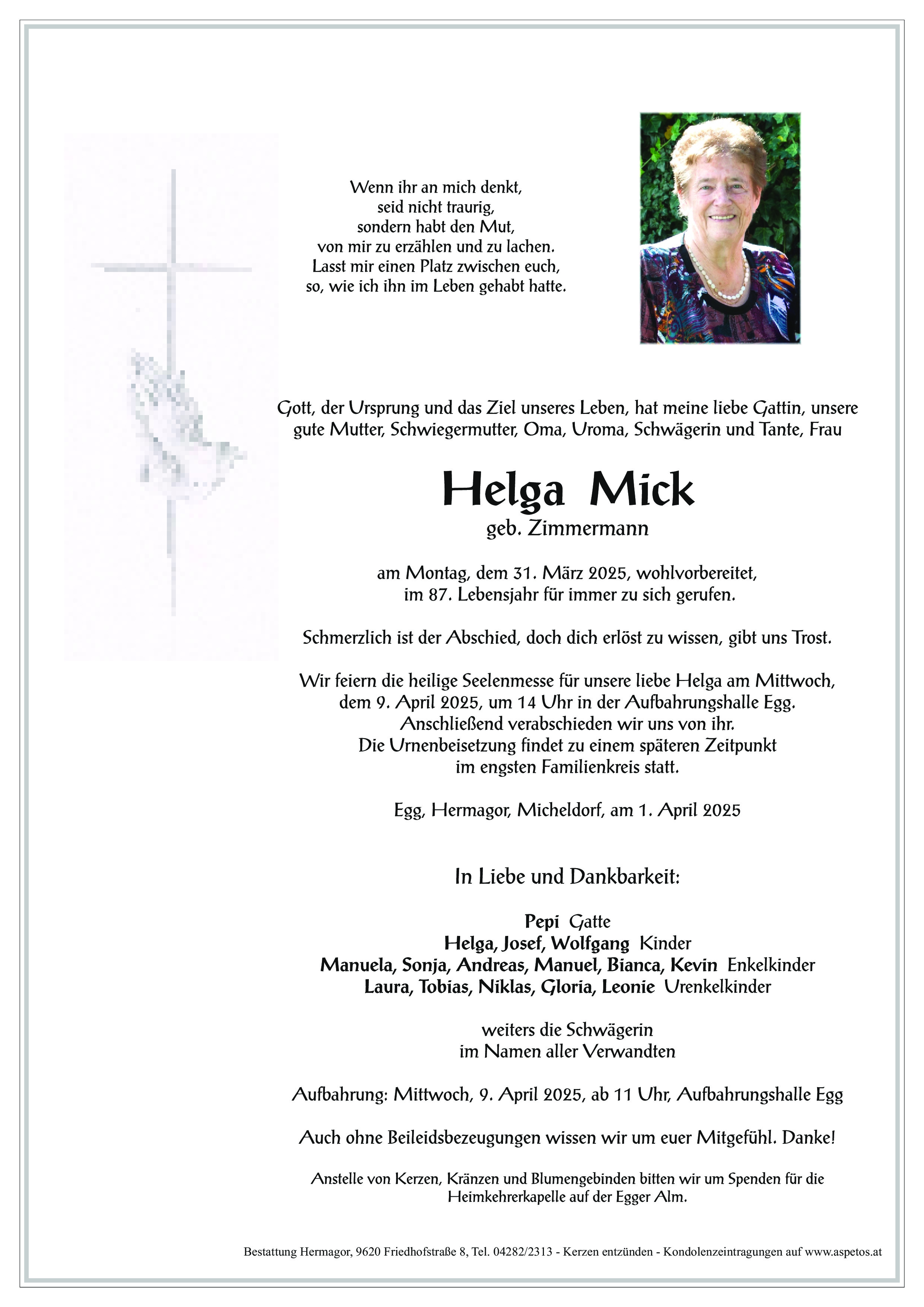 Traueranzeige von Helga Mick