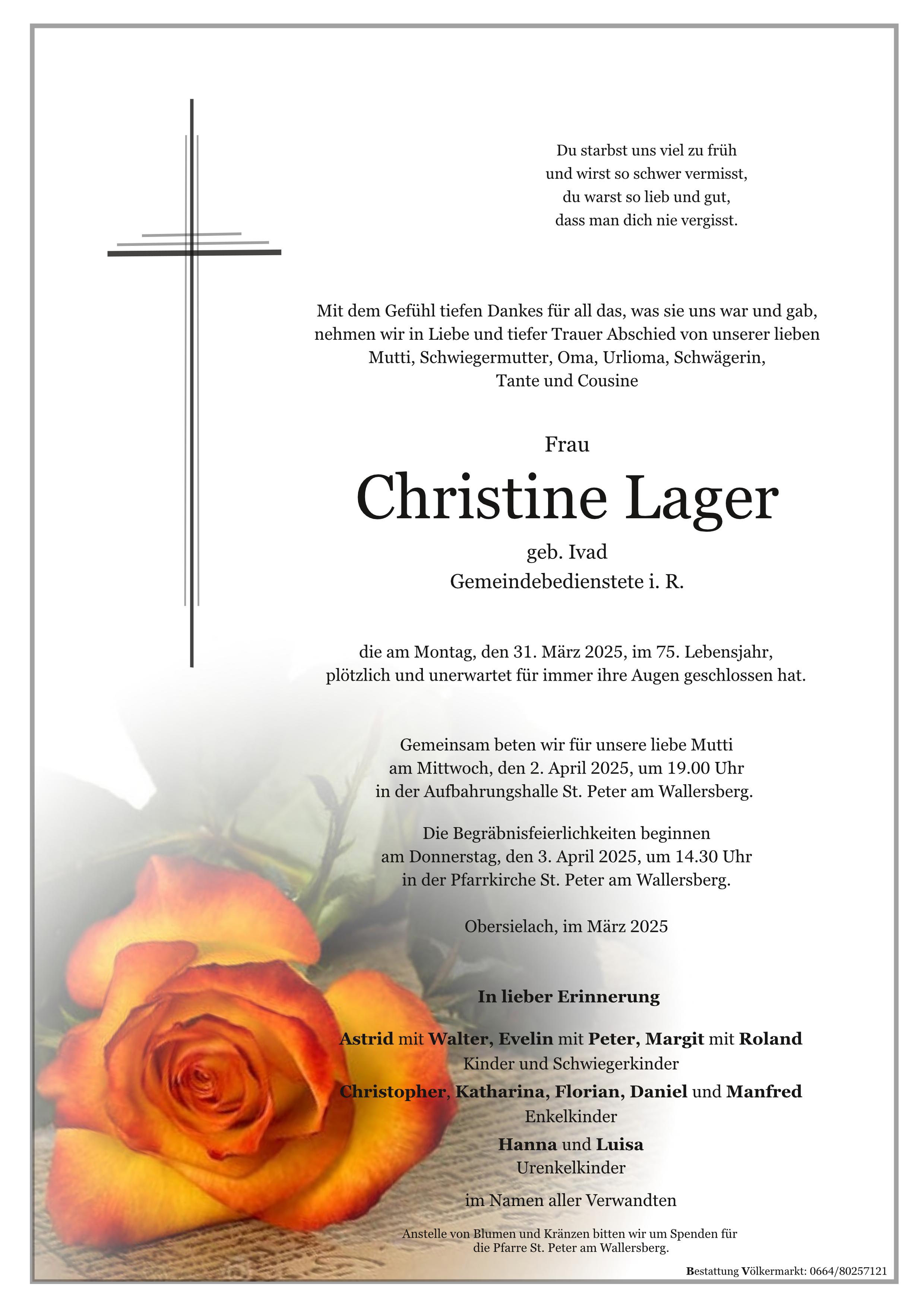 Traueranzeige von Christine Lager