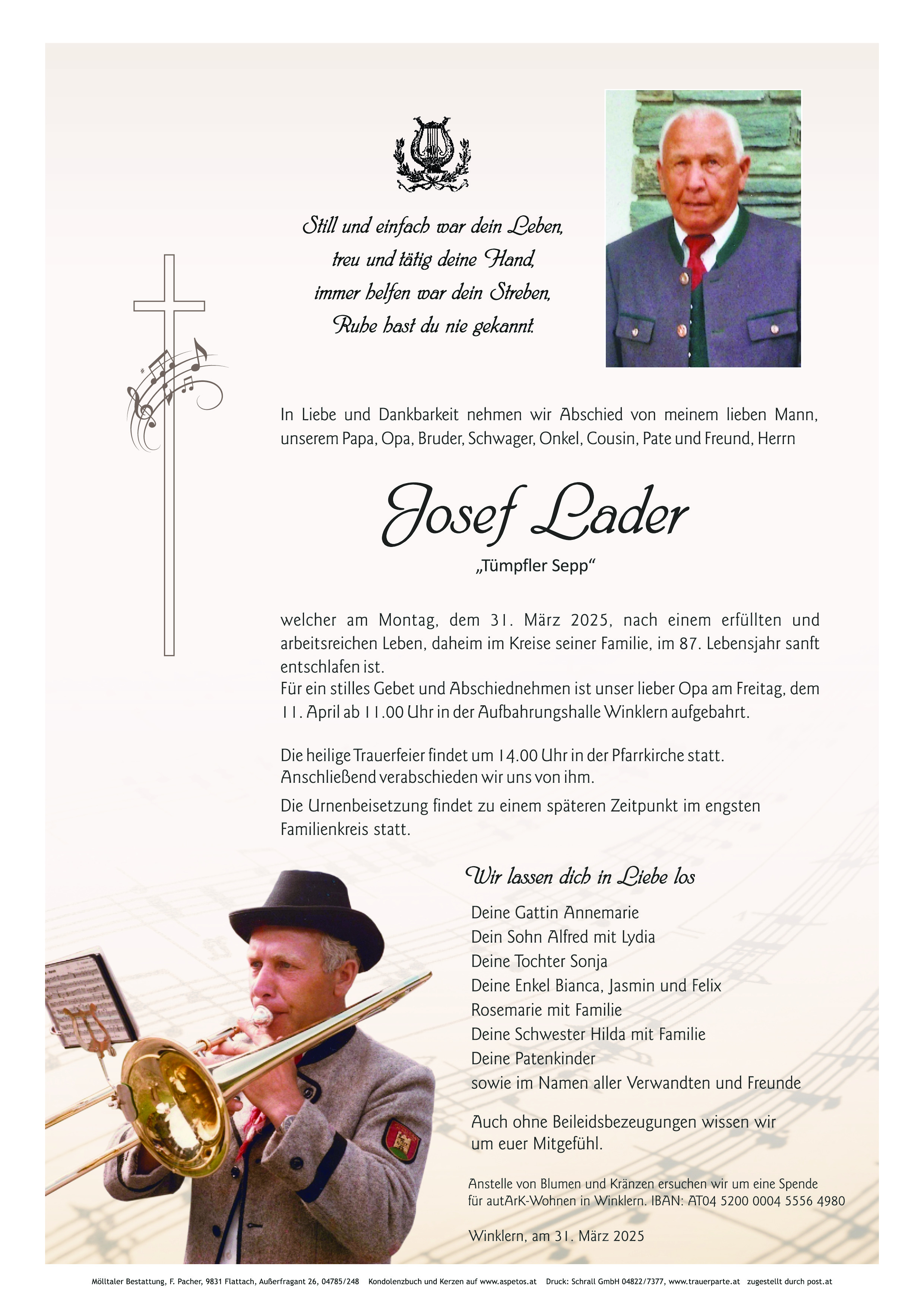 Traueranzeige von Josef Lader