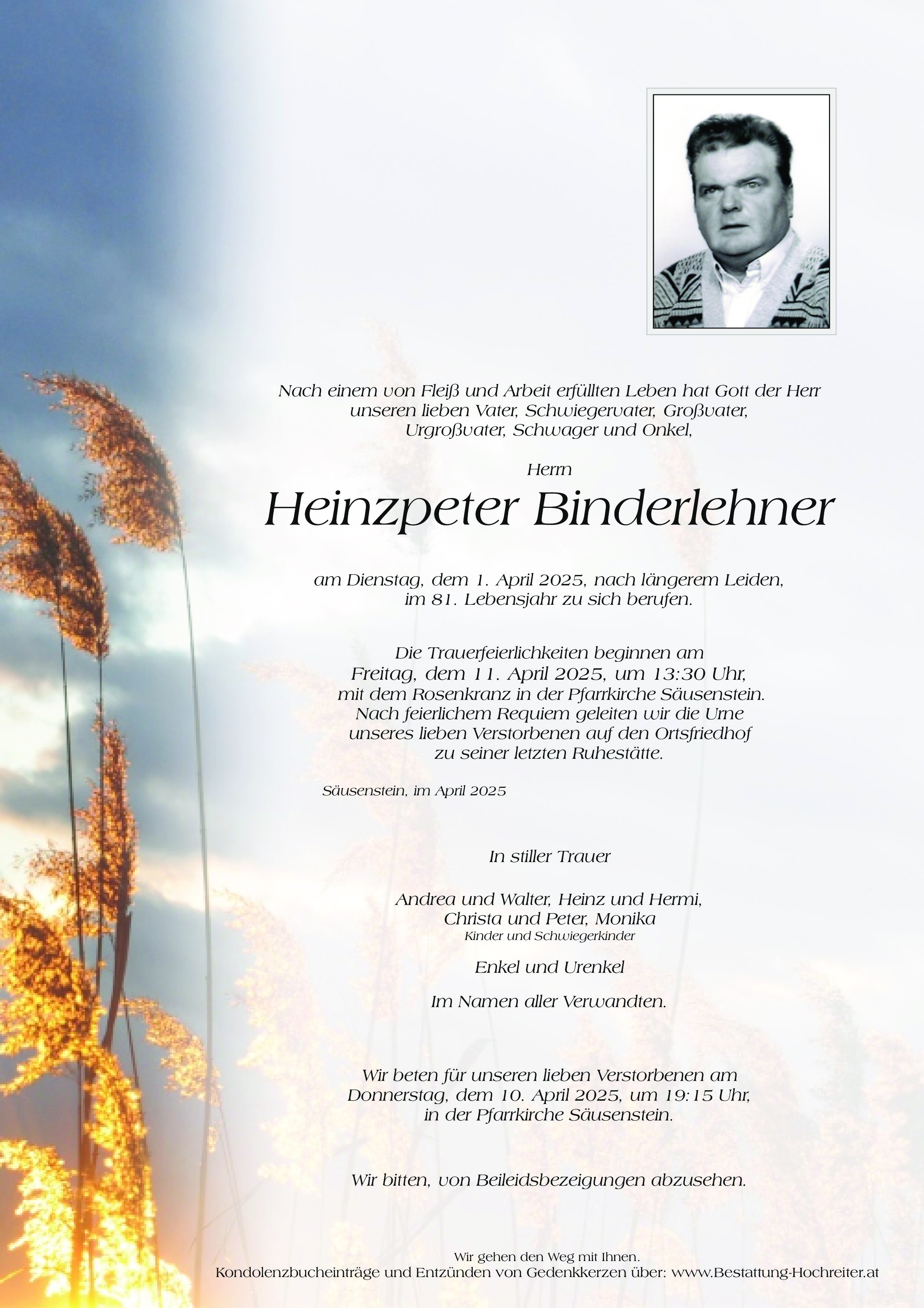 Traueranzeige von Heinzpeter Binderlehner