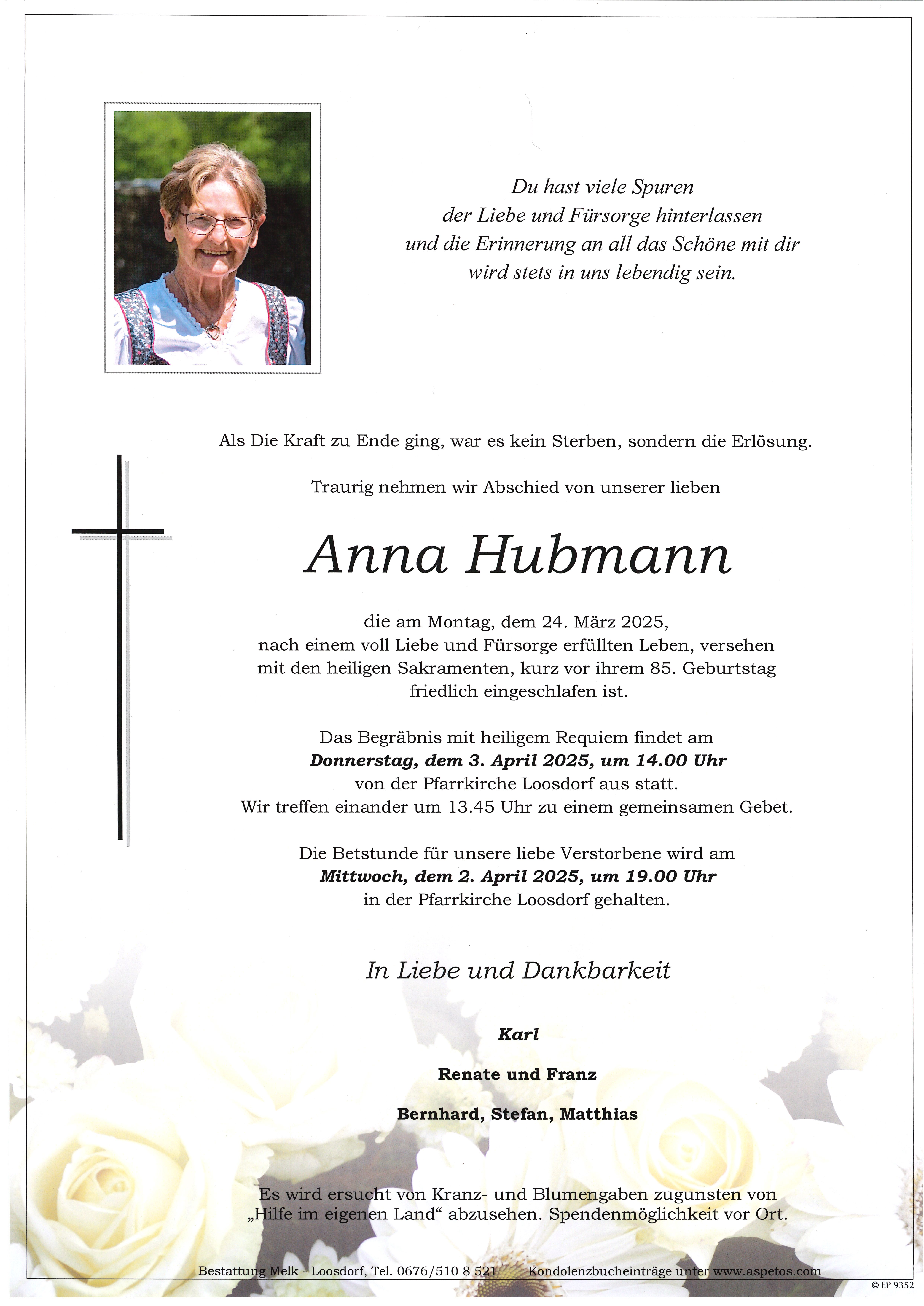 Traueranzeige von Anna Hubmann