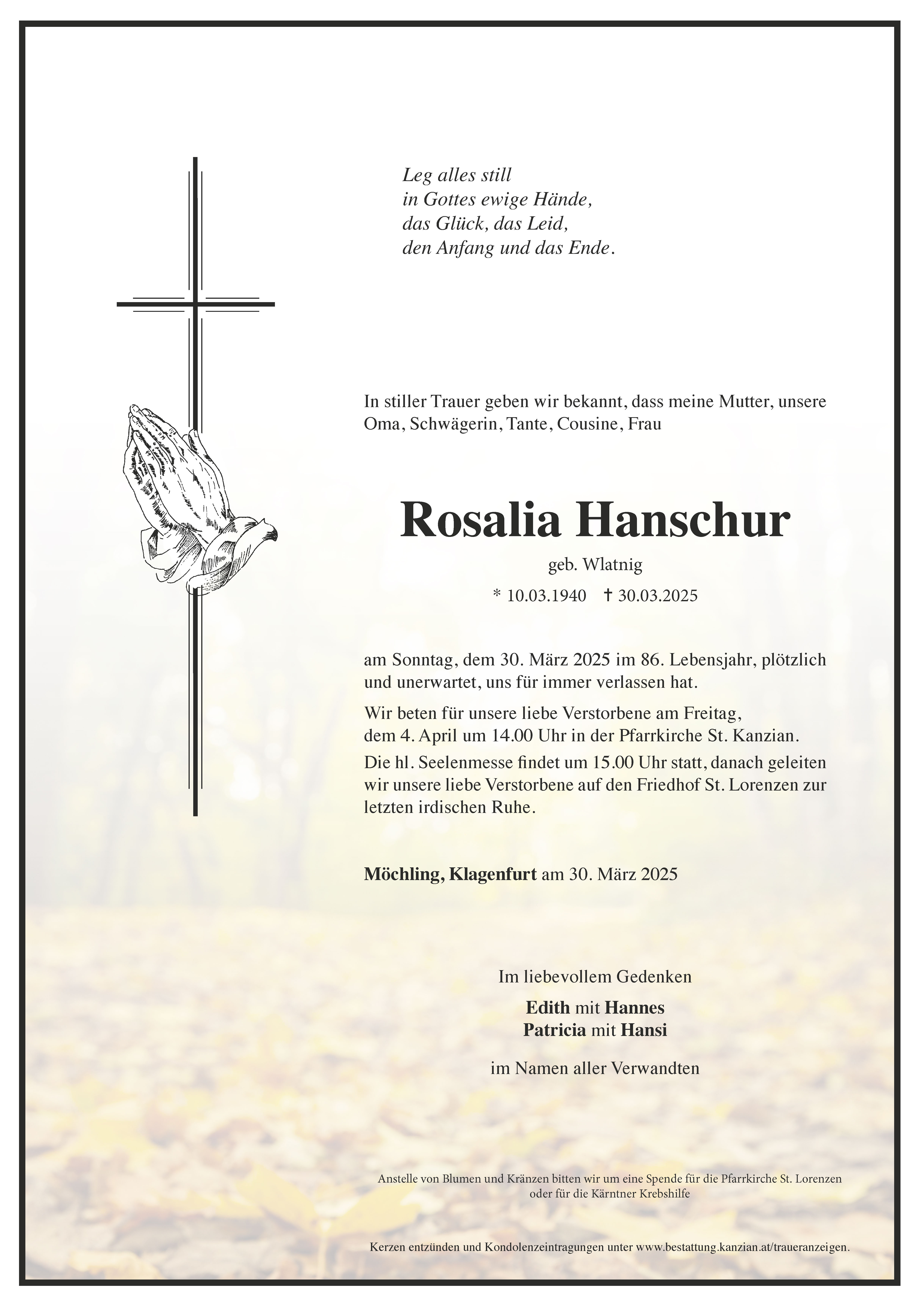 Traueranzeige von Rosalia Hanschur