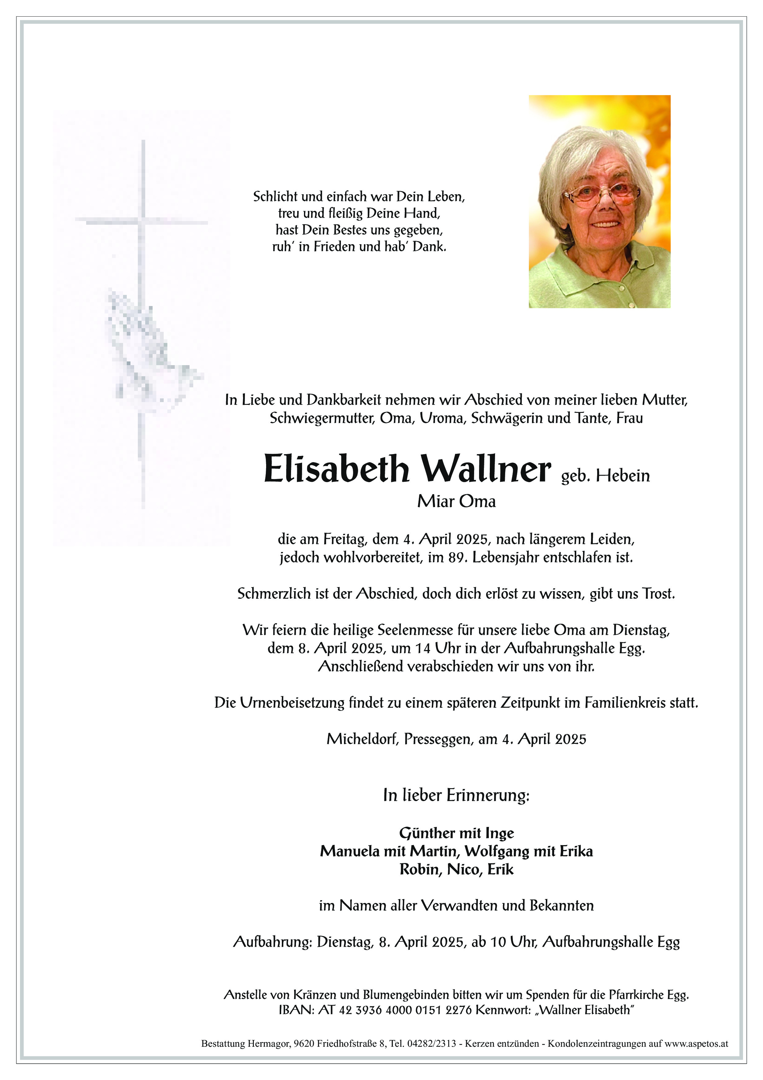 Traueranzeige von Elisabeth Wallner