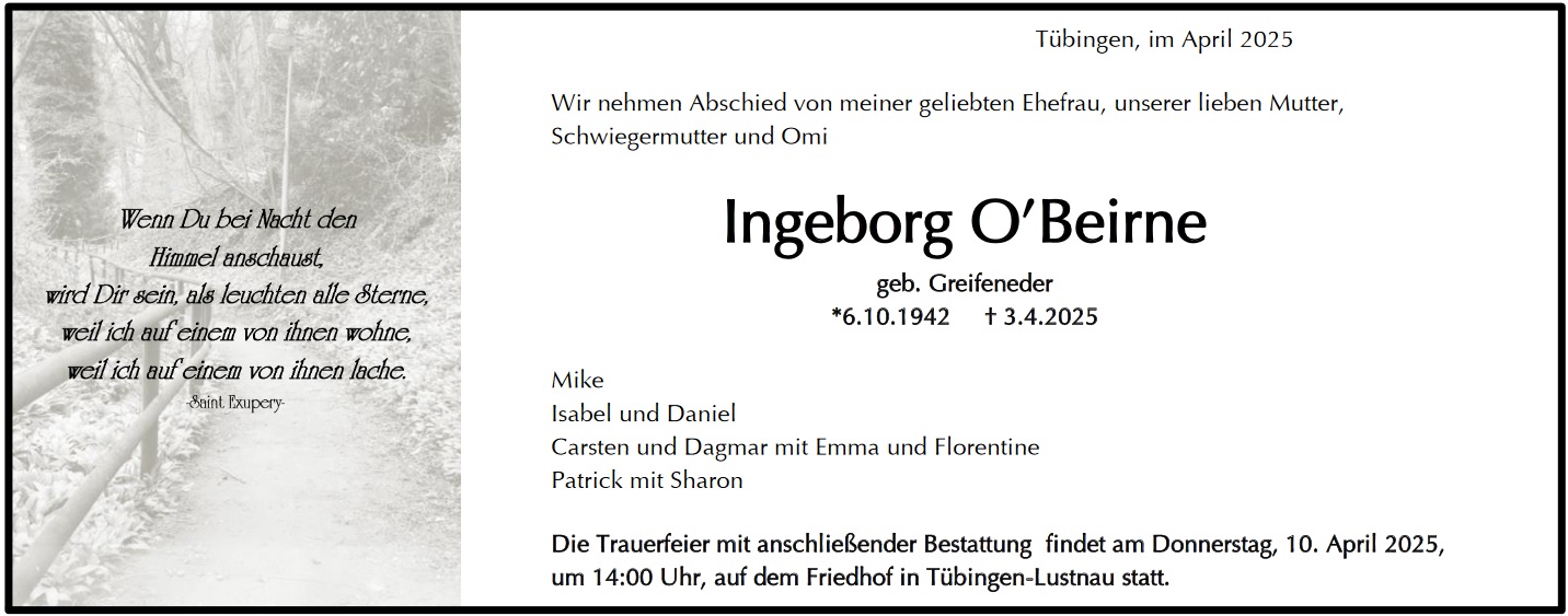 Traueranzeige von Ingeborg O' Beirne