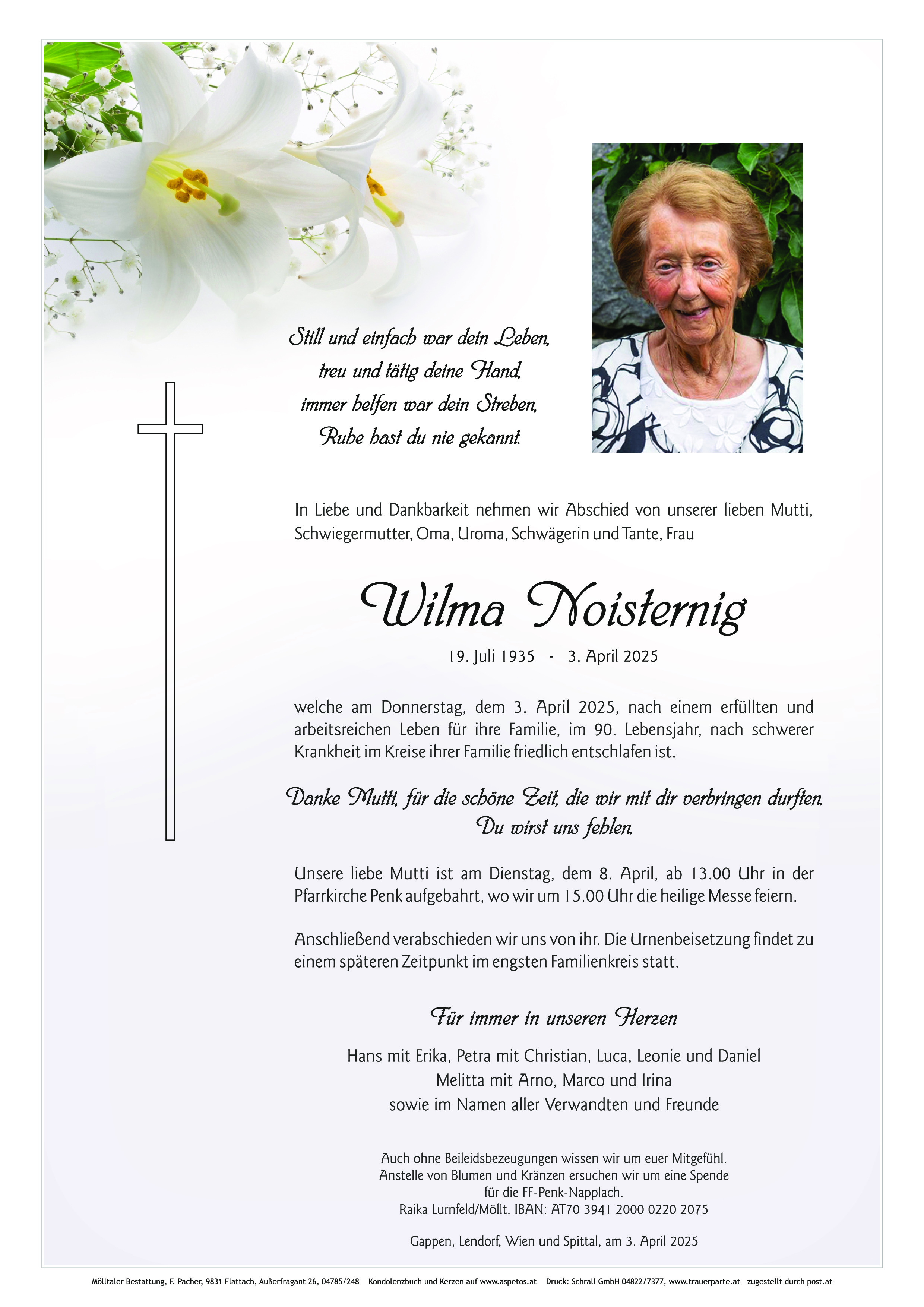 Traueranzeige von Wilhelmine Noisternig