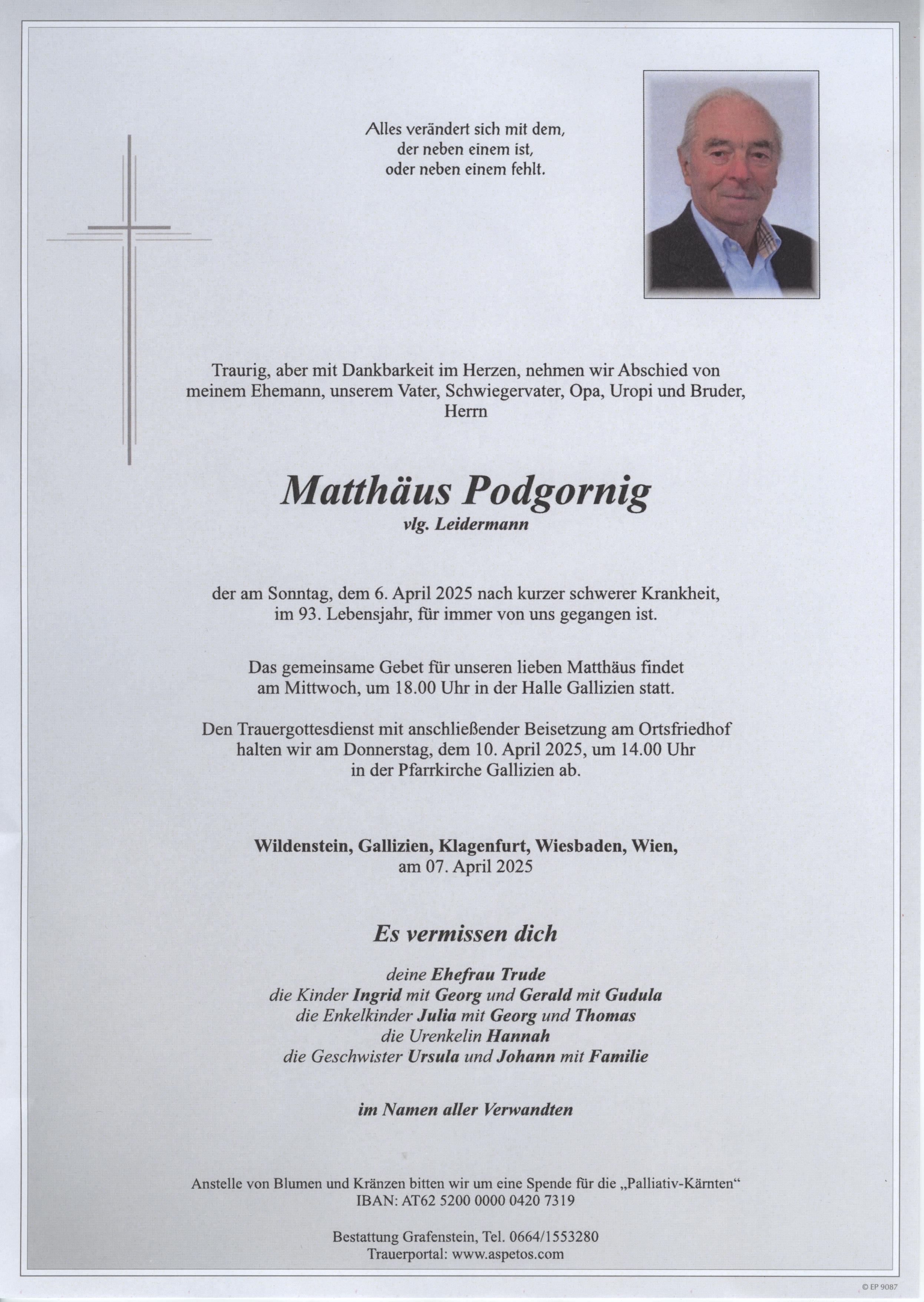 Traueranzeige von Matthäus Podgornig