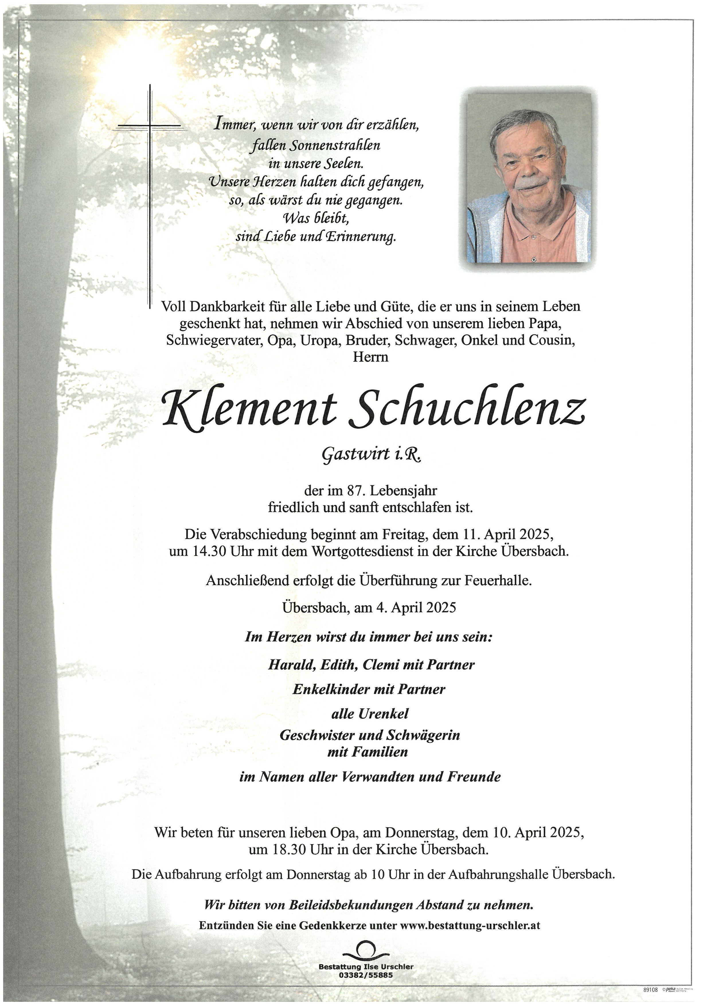 Traueranzeige von Klement Schuchlenz