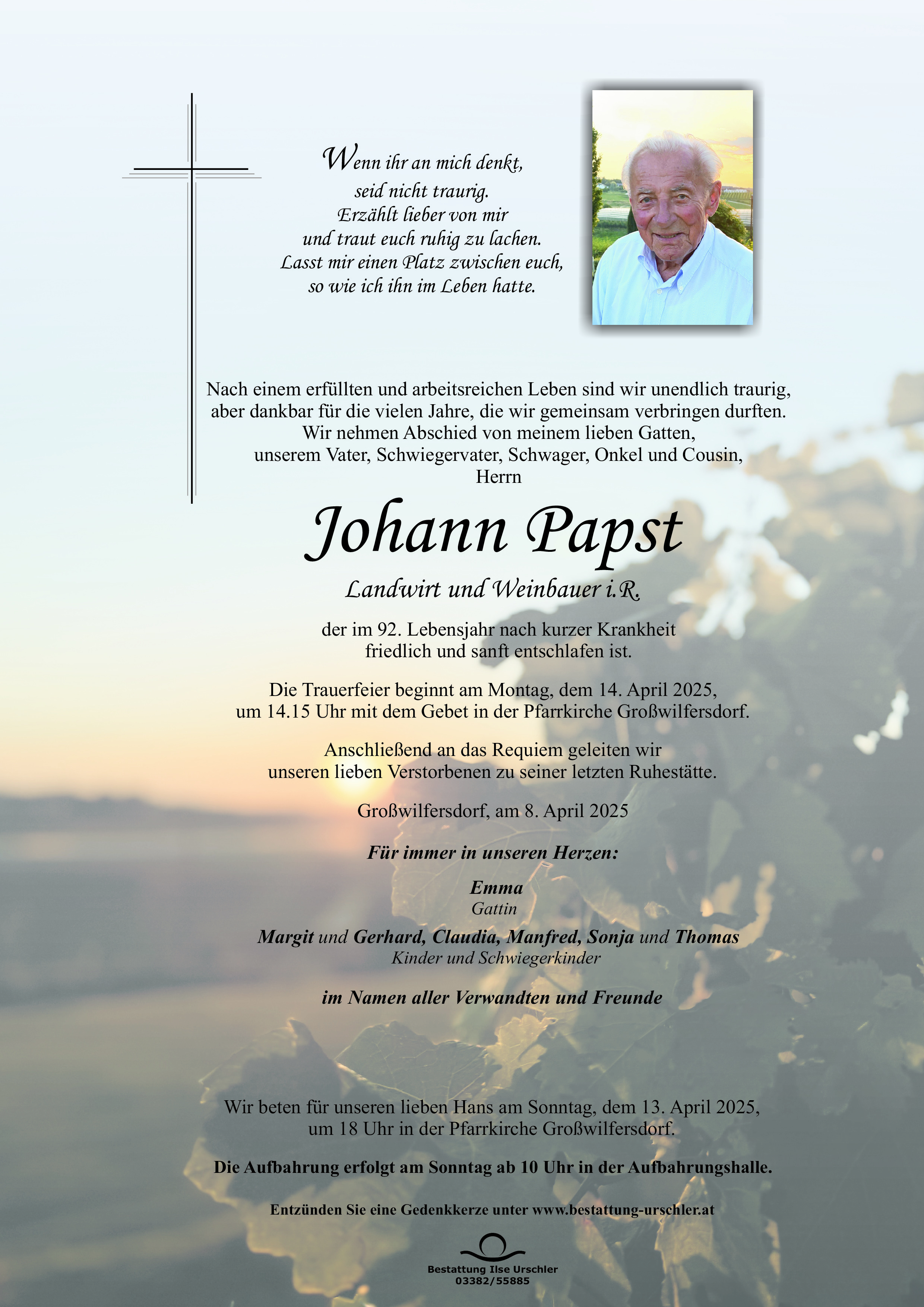 Traueranzeige von Johann Papst