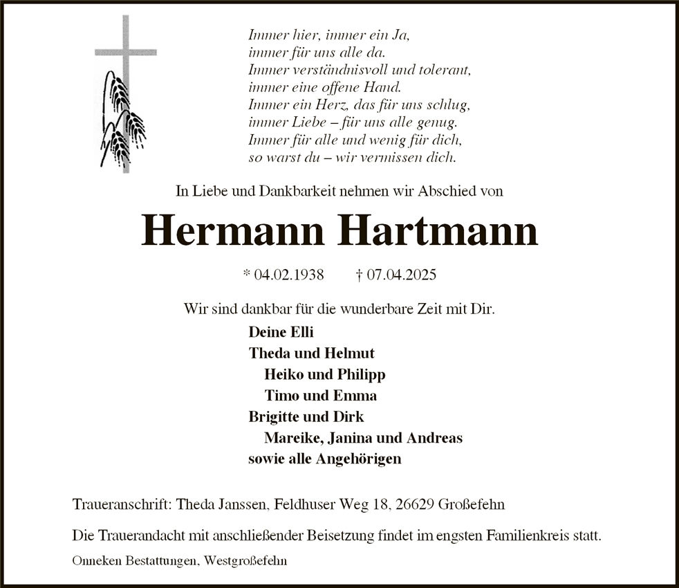Traueranzeige von Hermann Hartmann