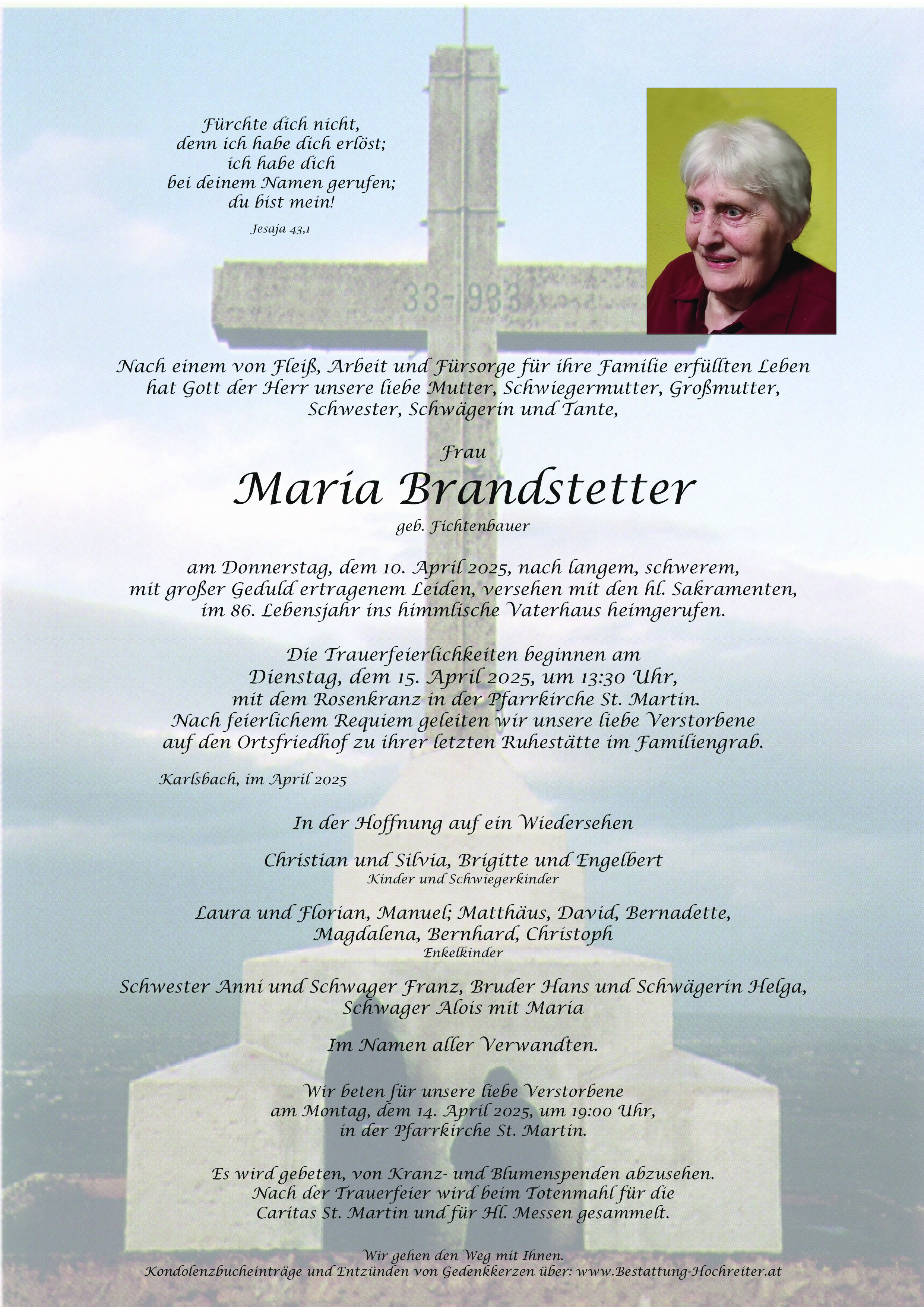 Traueranzeige von Maria Brandstetter