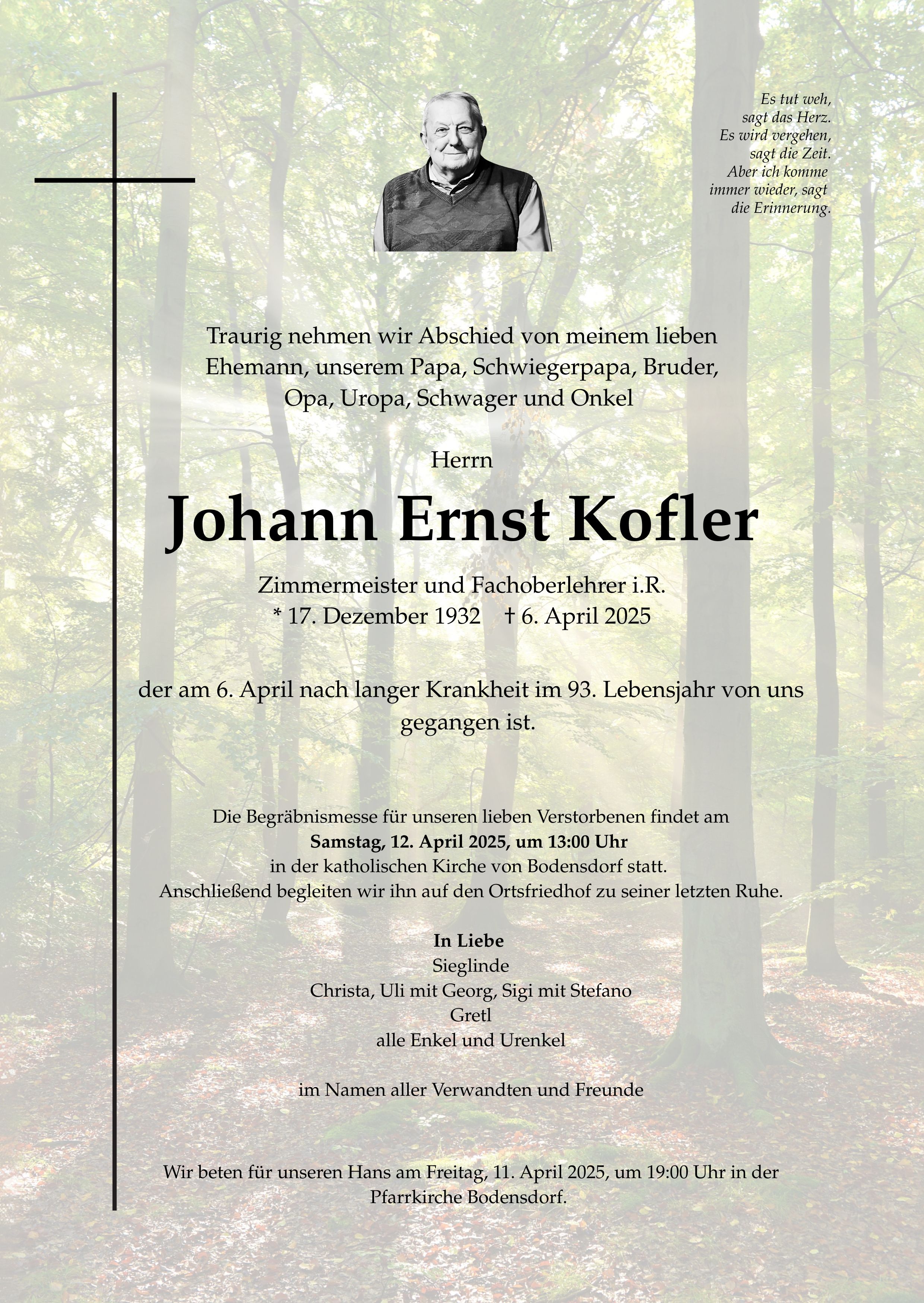 Traueranzeige von Johann Ernst Kofler