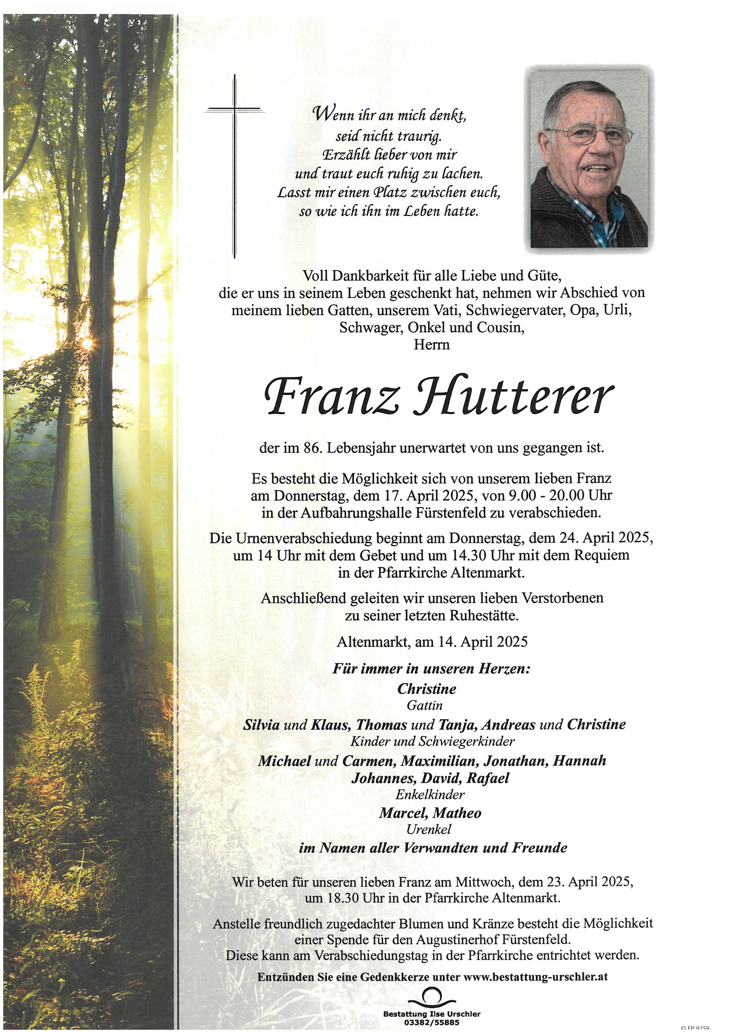 Traueranzeige von Franz Hutterer