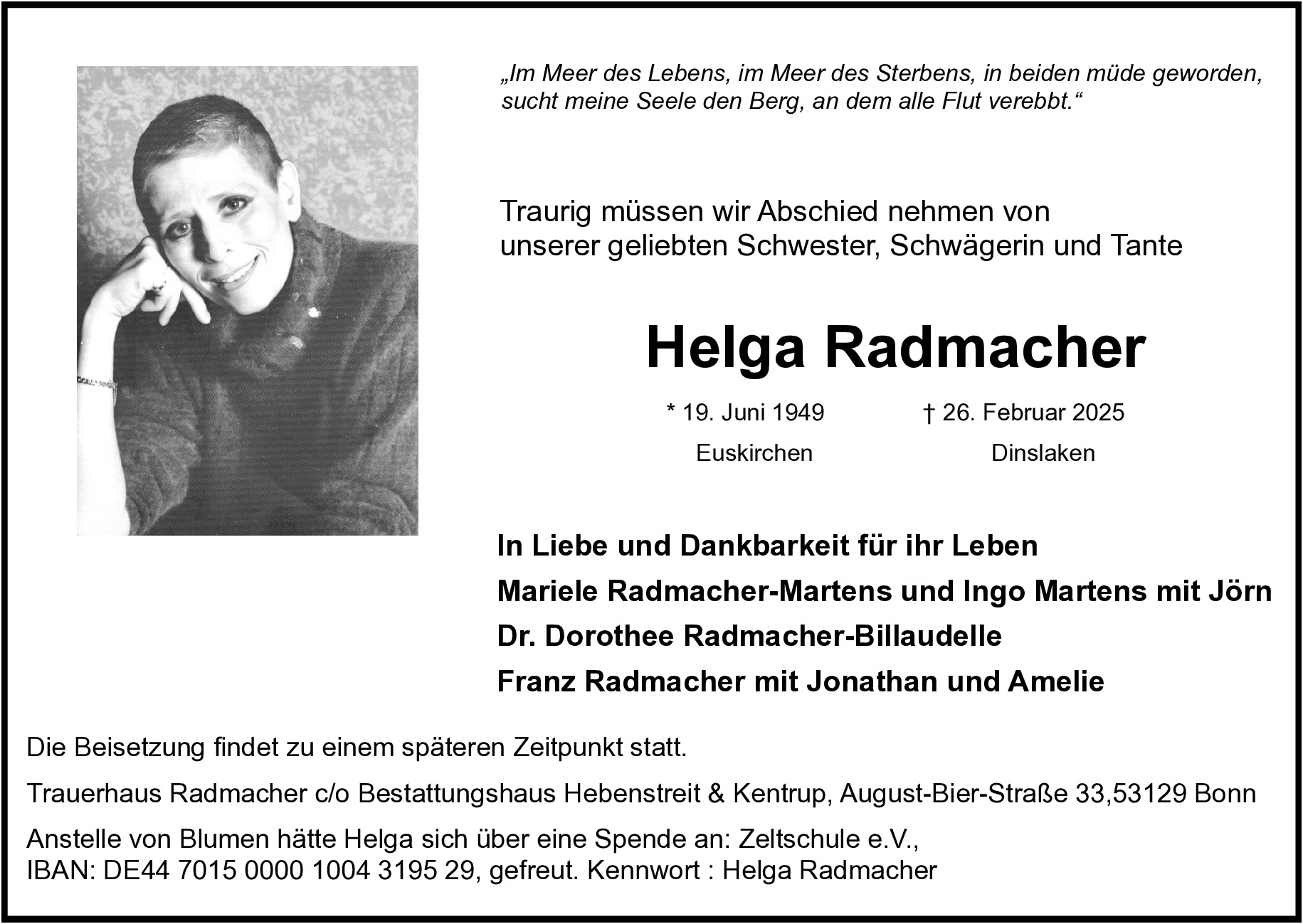 Traueranzeige von Helga Radmacher