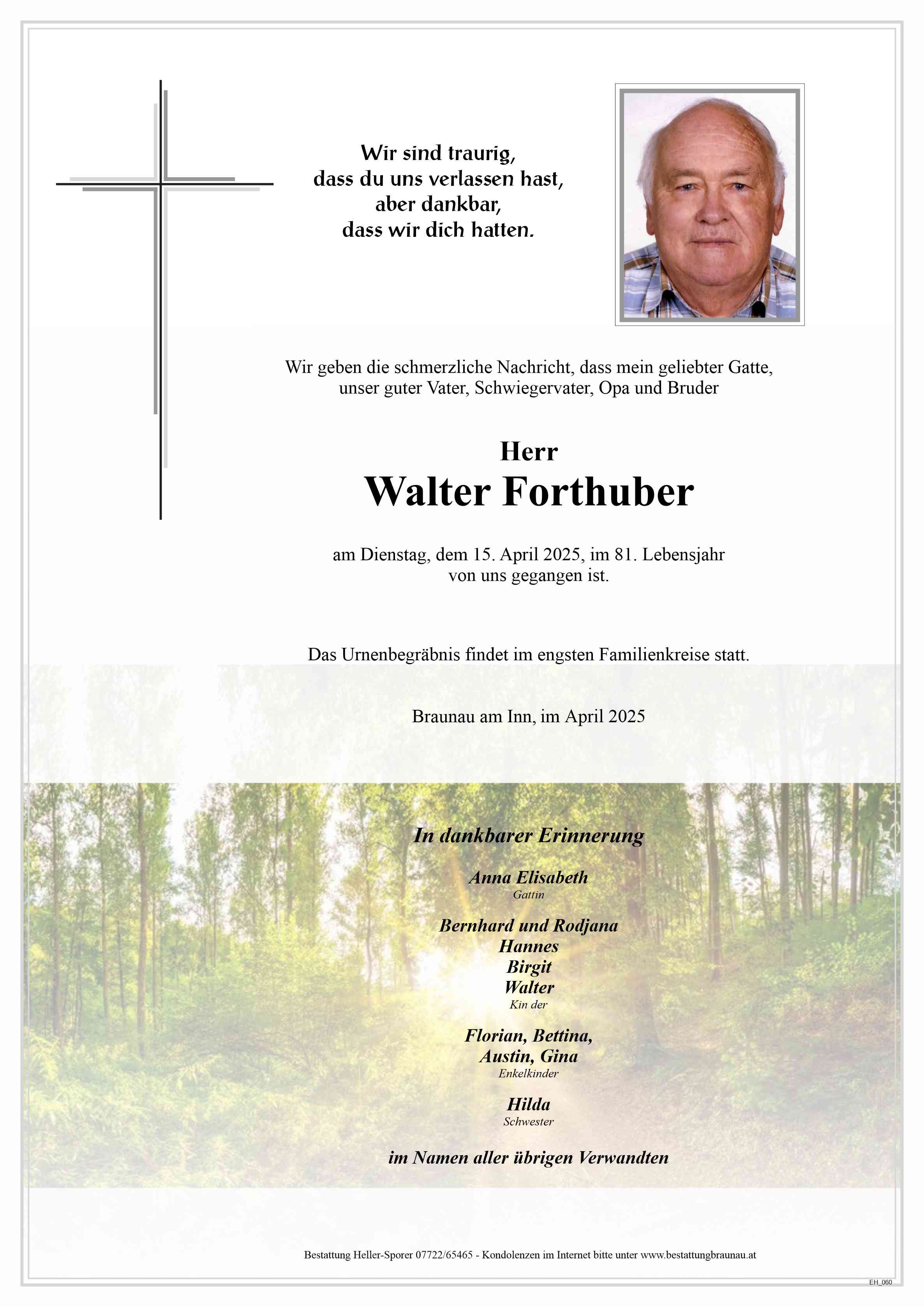 Traueranzeige von Walter Forthuber