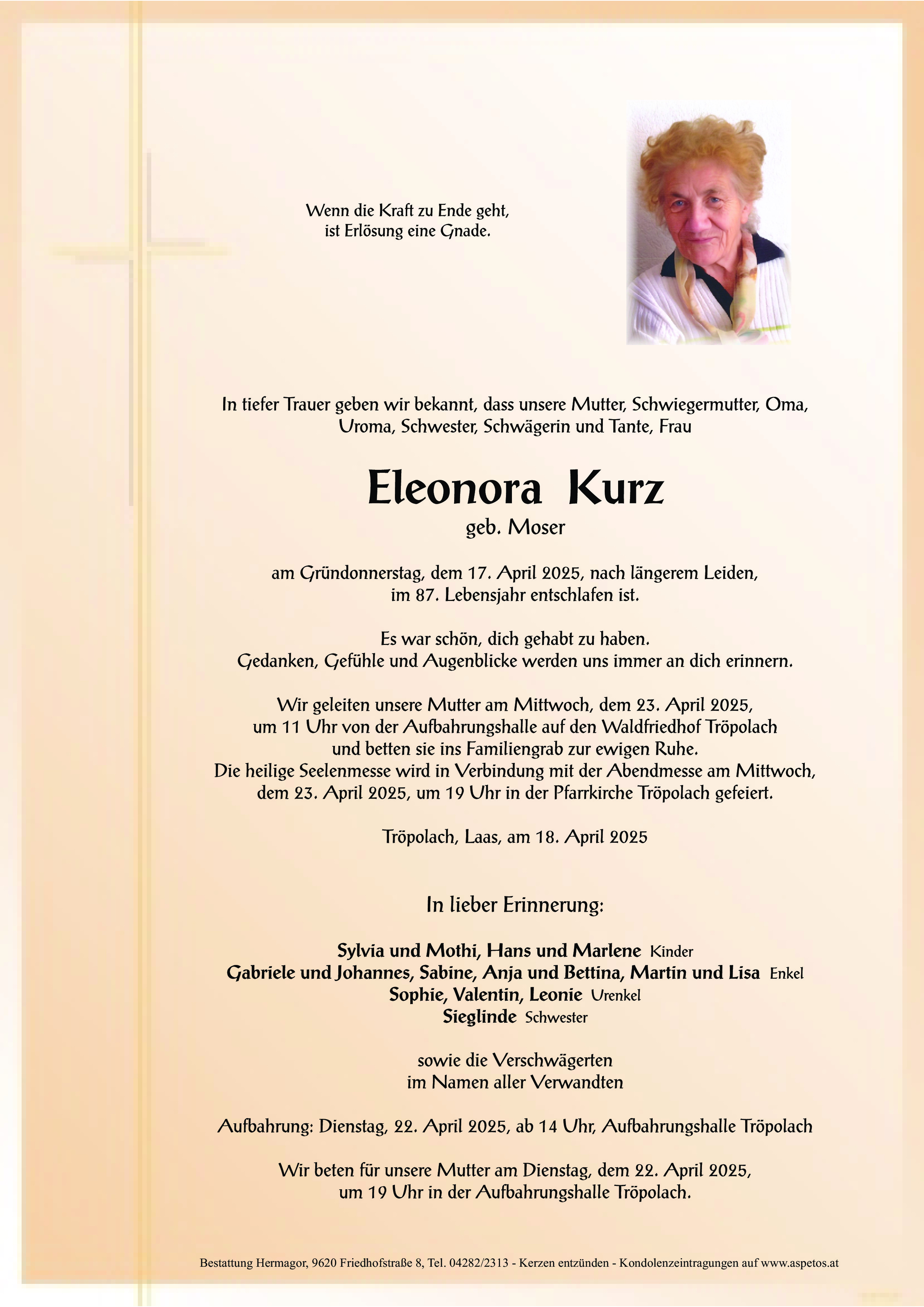 Traueranzeige von Eleonora KURZ