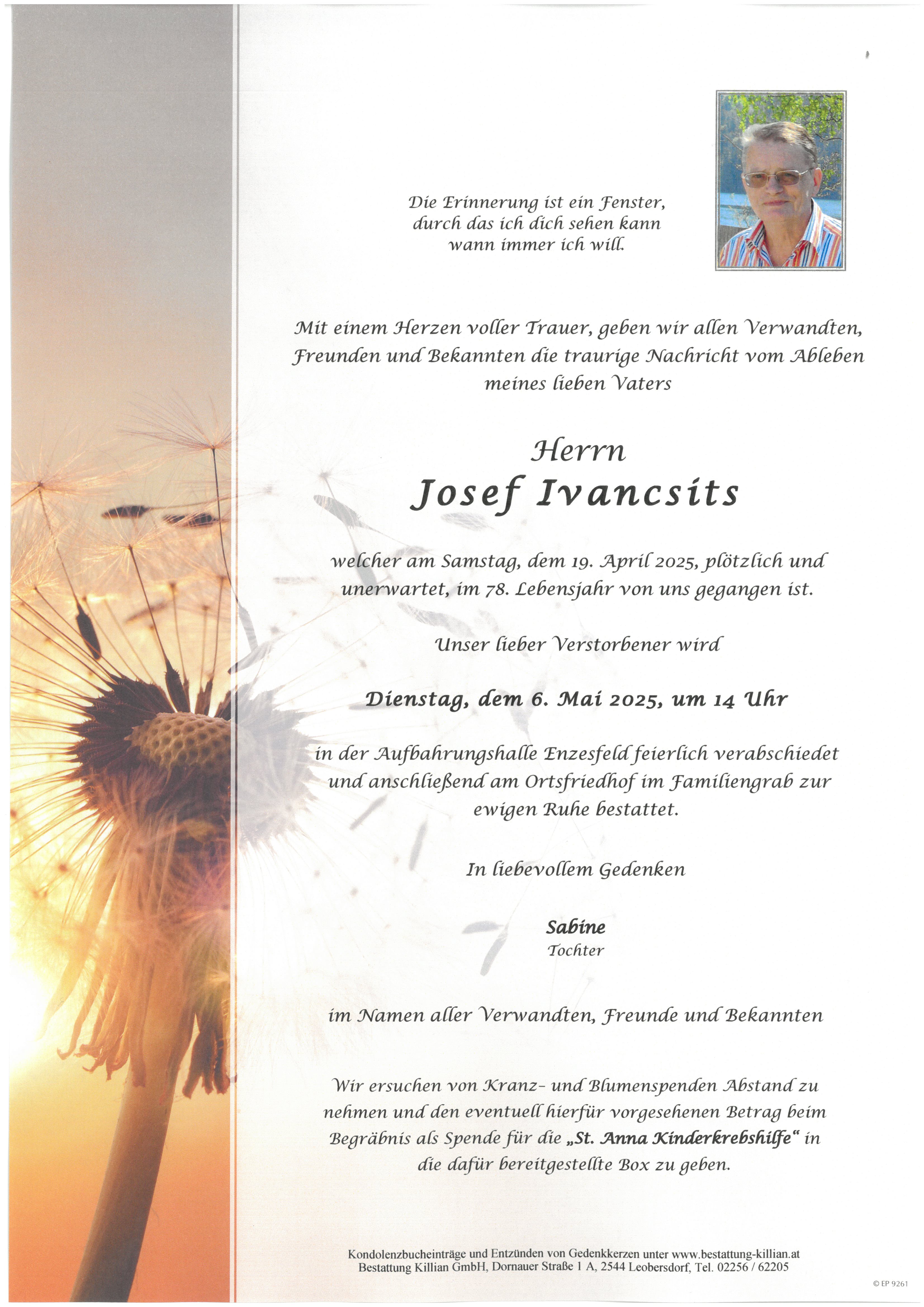 Traueranzeige von Josef Ivancsits