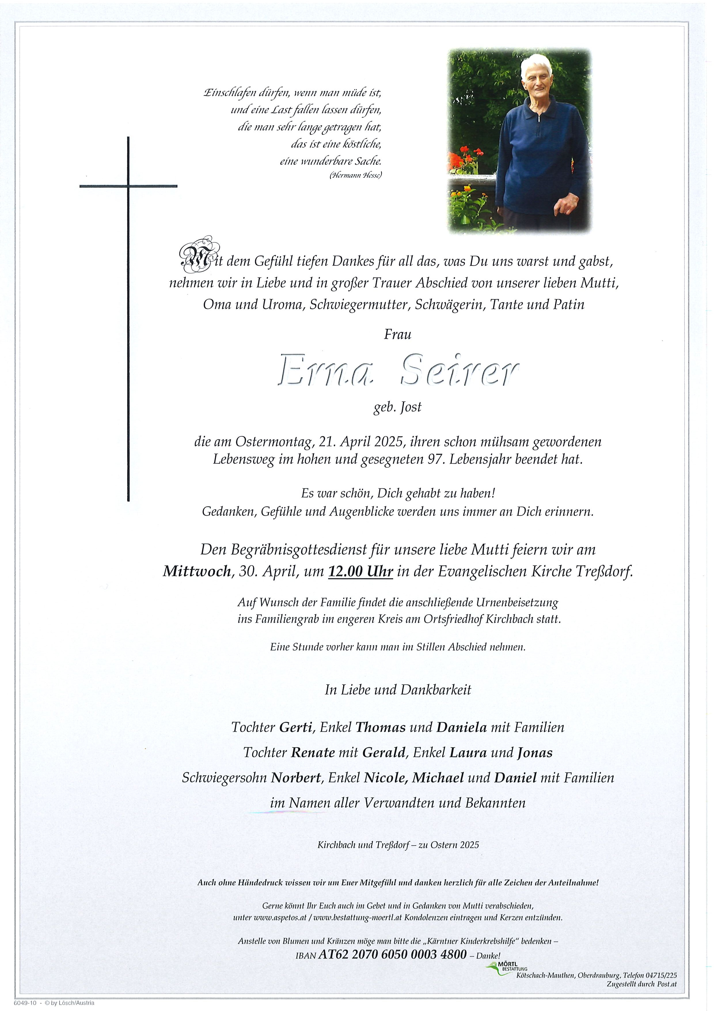 Traueranzeige von Erna Seirer